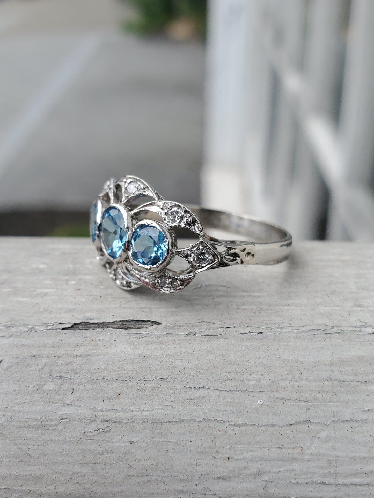 Vintage 1930's Blue Topaz Platinum & 14k White Gold Cocktail Ring