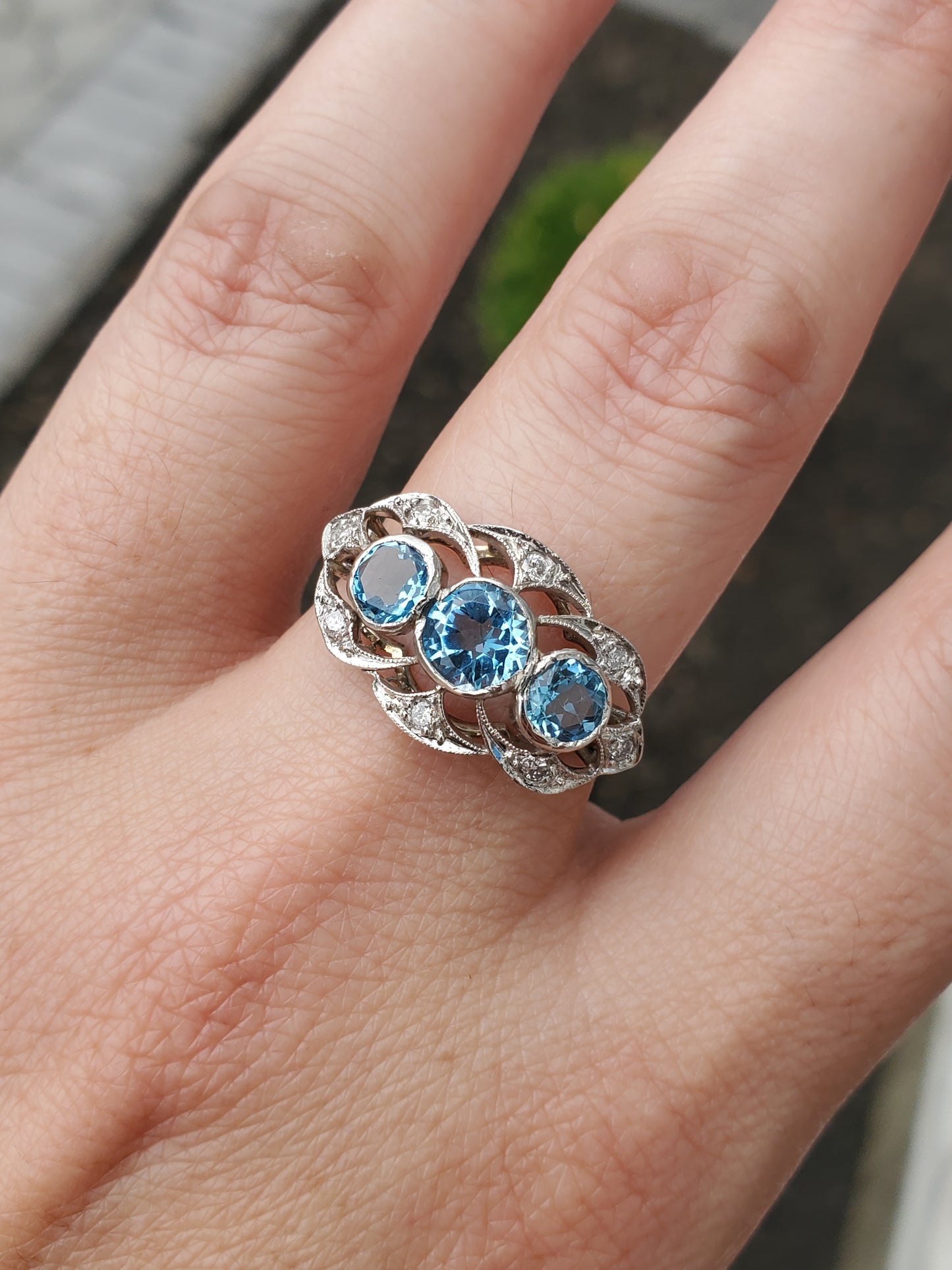Vintage 1930's Blue Topaz Platinum & 14k White Gold Cocktail Ring