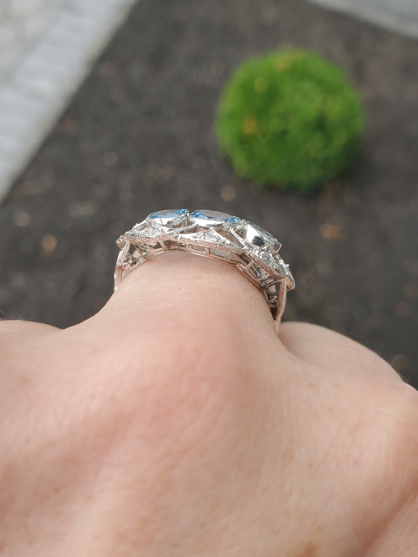 Vintage 1930's Blue Topaz Platinum & 14k White Gold Cocktail Ring