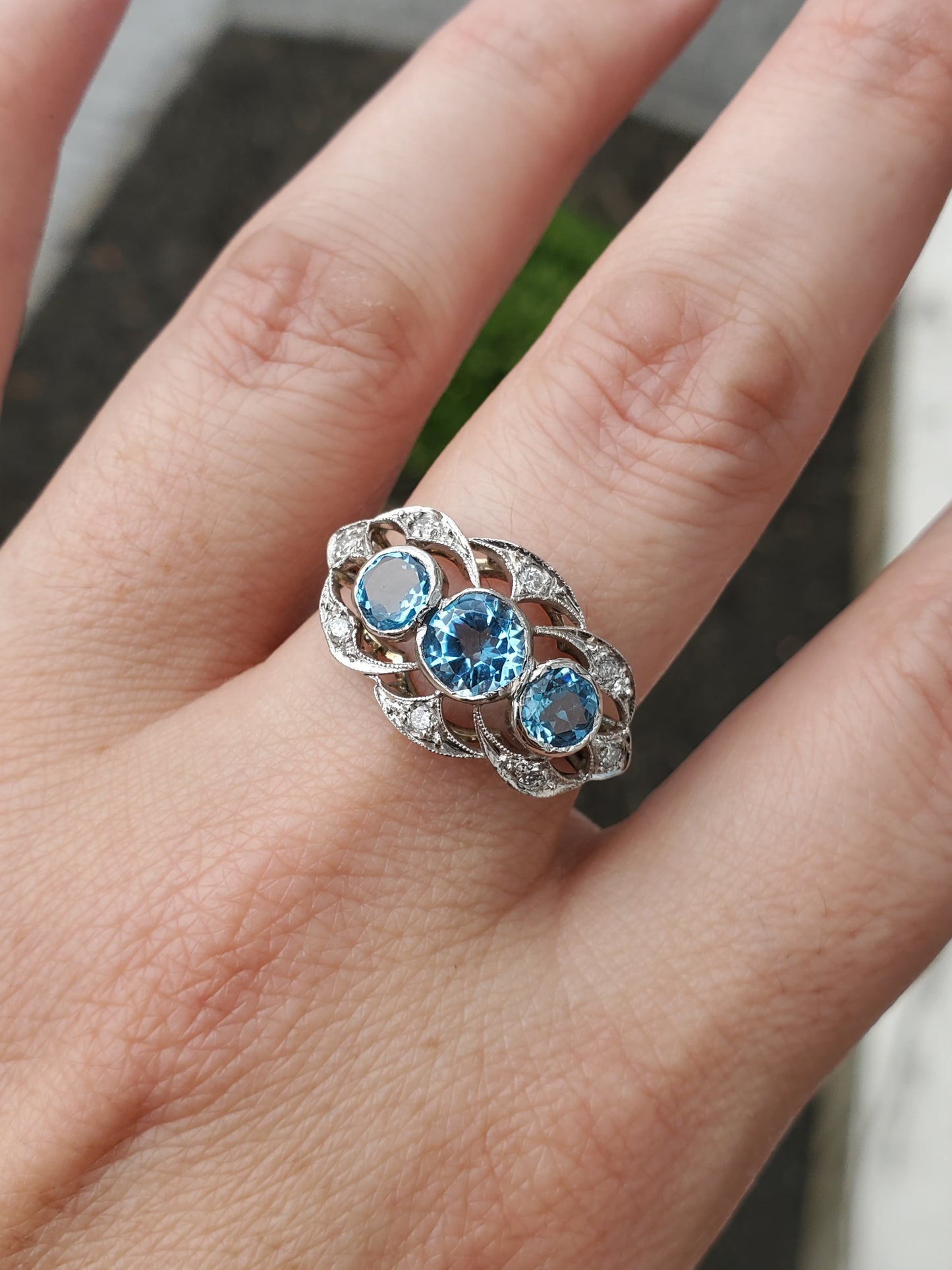 Vintage 1930's Blue Topaz Platinum & 14k White Gold Cocktail Ring