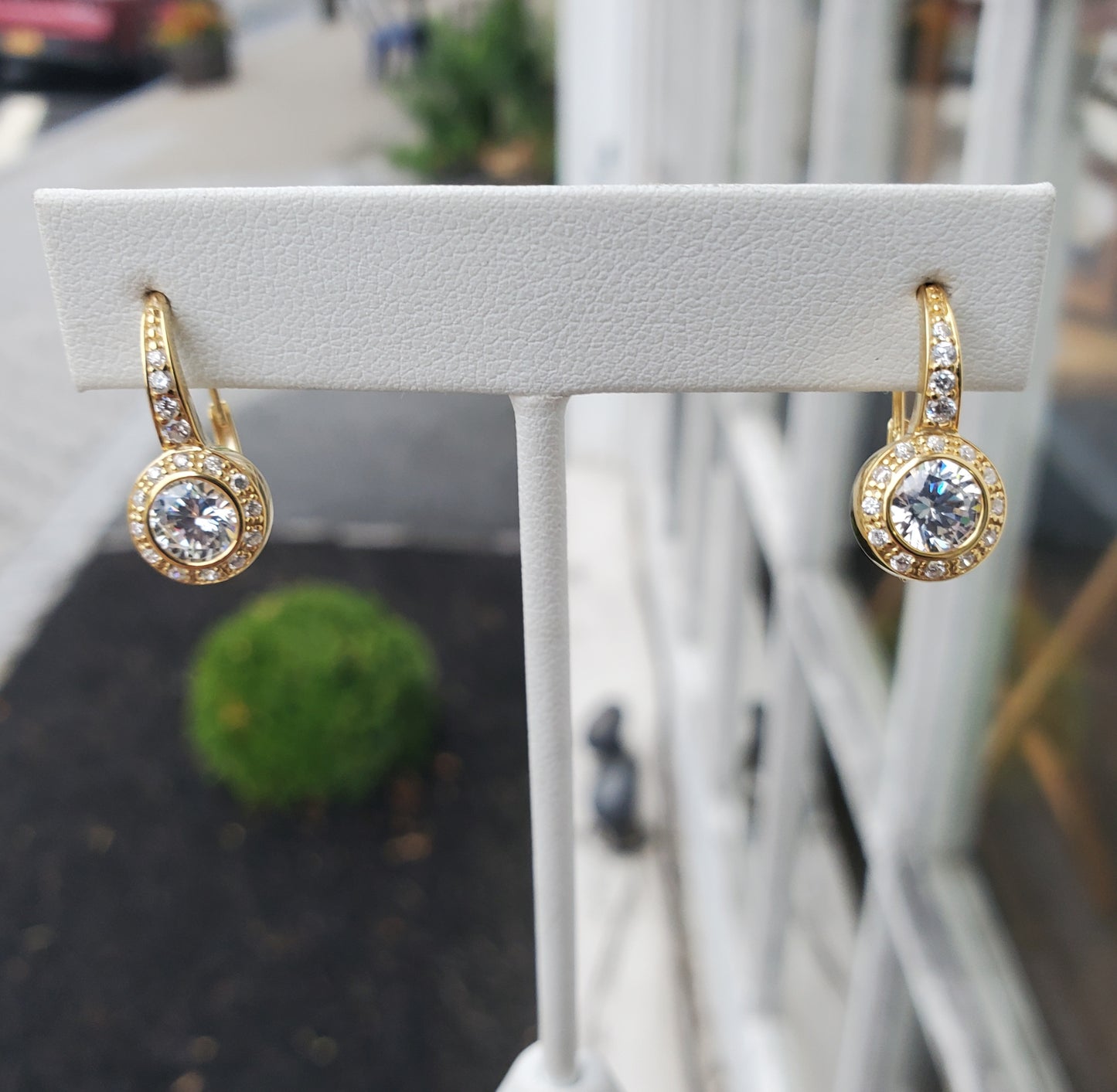 925 Sterling Silver Vermeil Bezel set Zirconia Leaverback Earrings