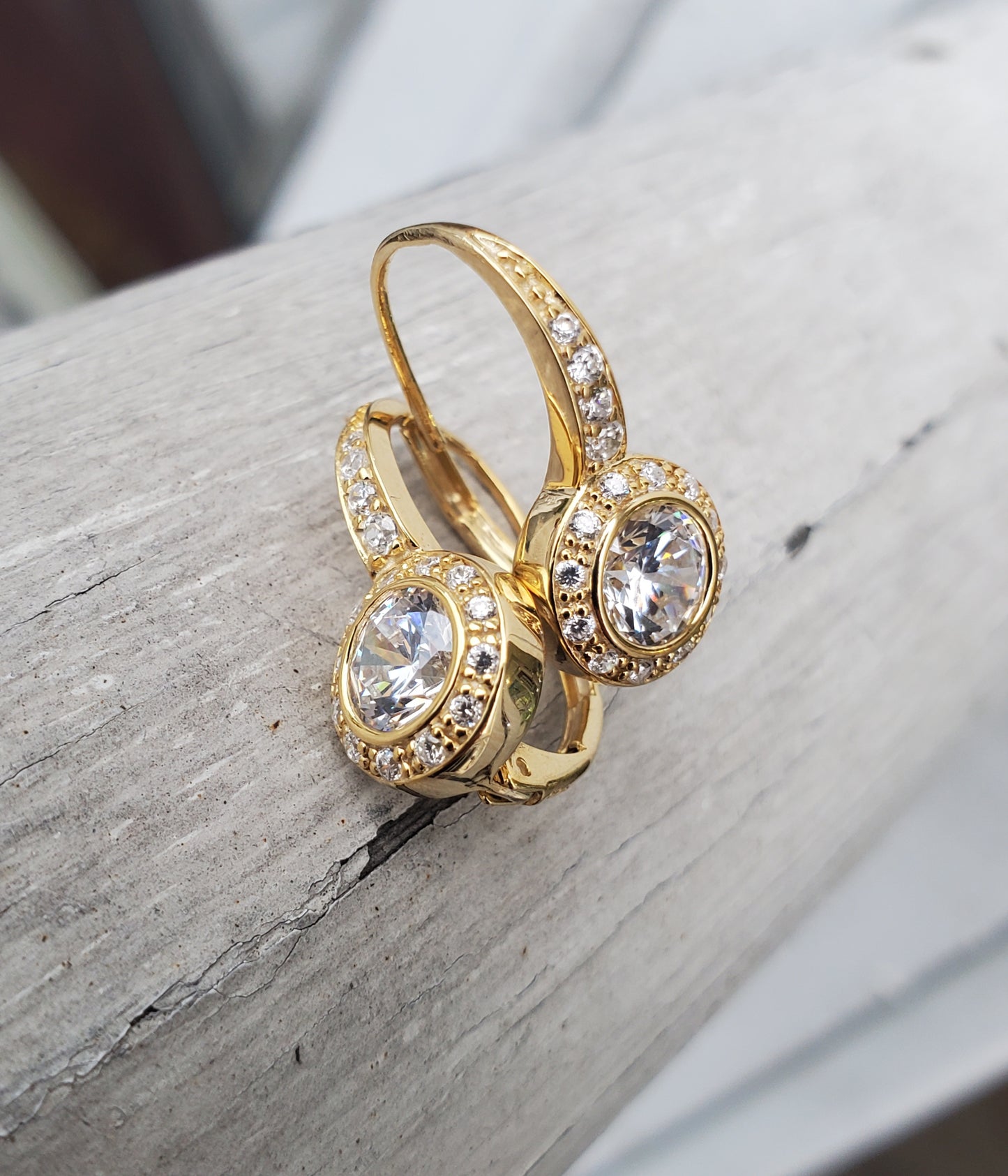 925 Sterling Silver Vermeil Bezel set Zirconia Leaverback Earrings