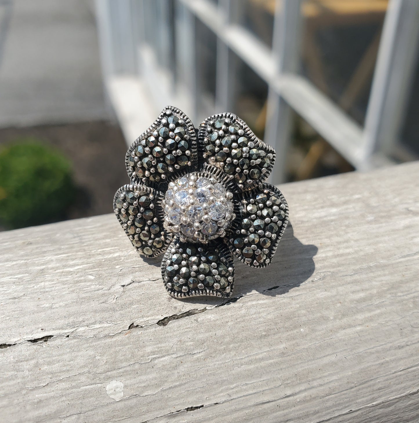925 Sterling Silver Large Marcasite & Clear Zirconia Flower Ring