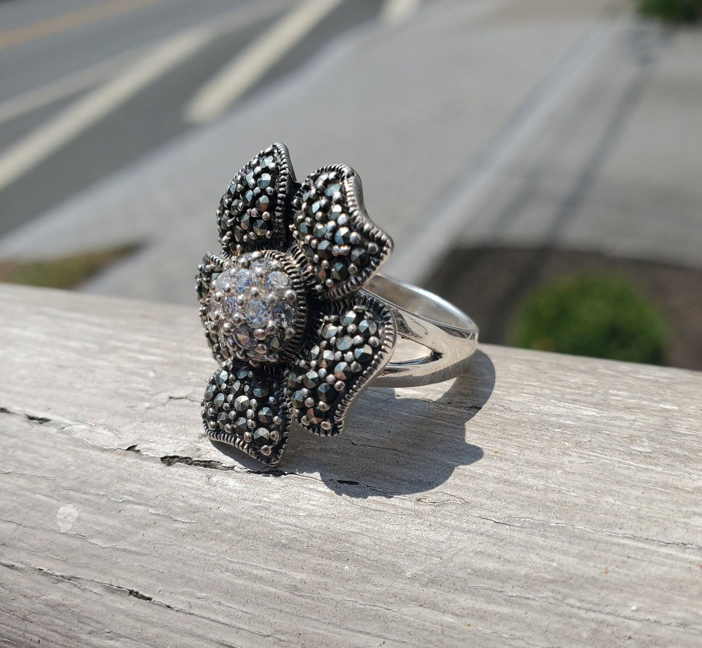 925 Sterling Silver Large Marcasite & Clear Zirconia Flower Ring