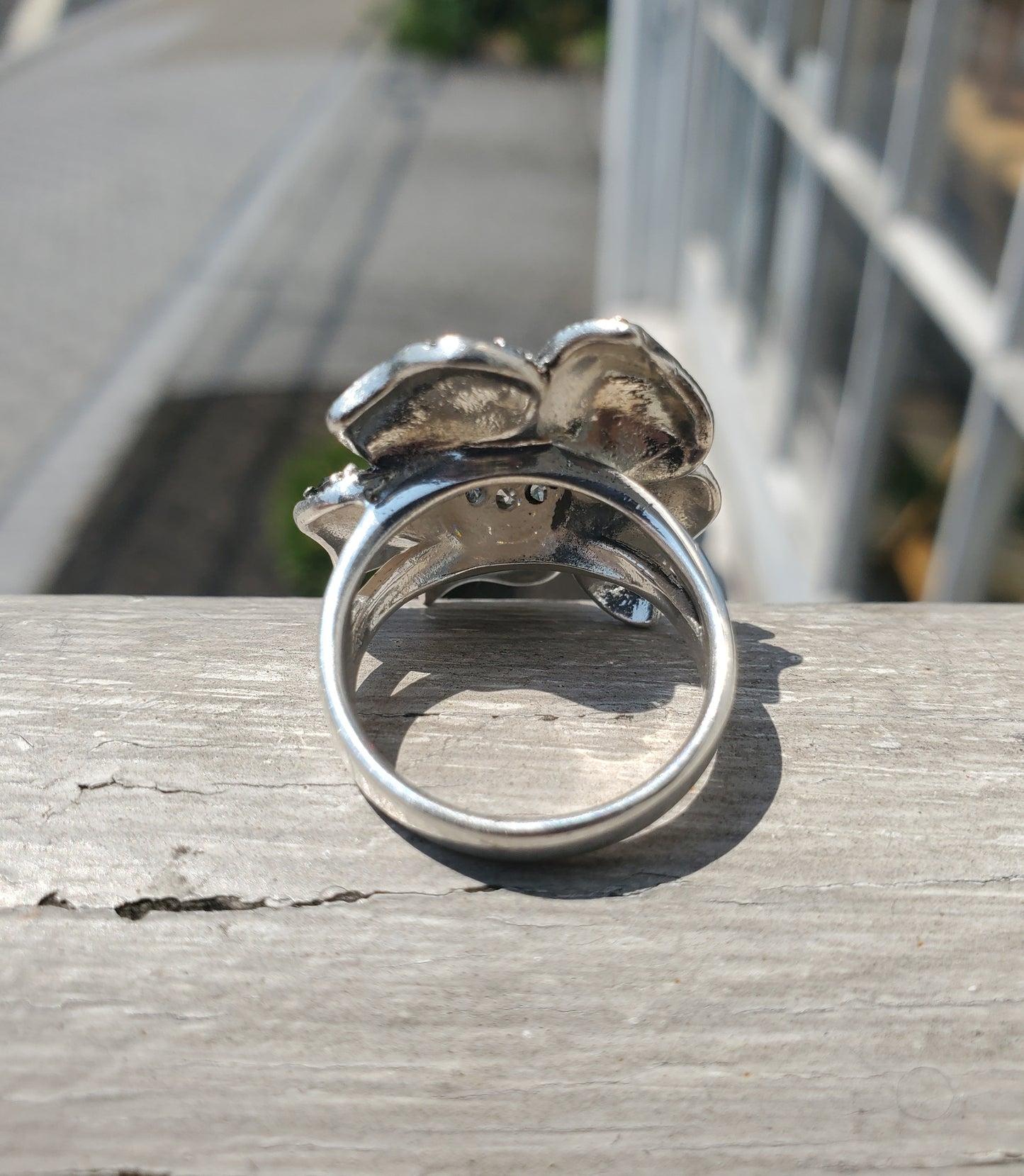 925 Sterling Silver Large Marcasite & Clear Zirconia Flower Ring