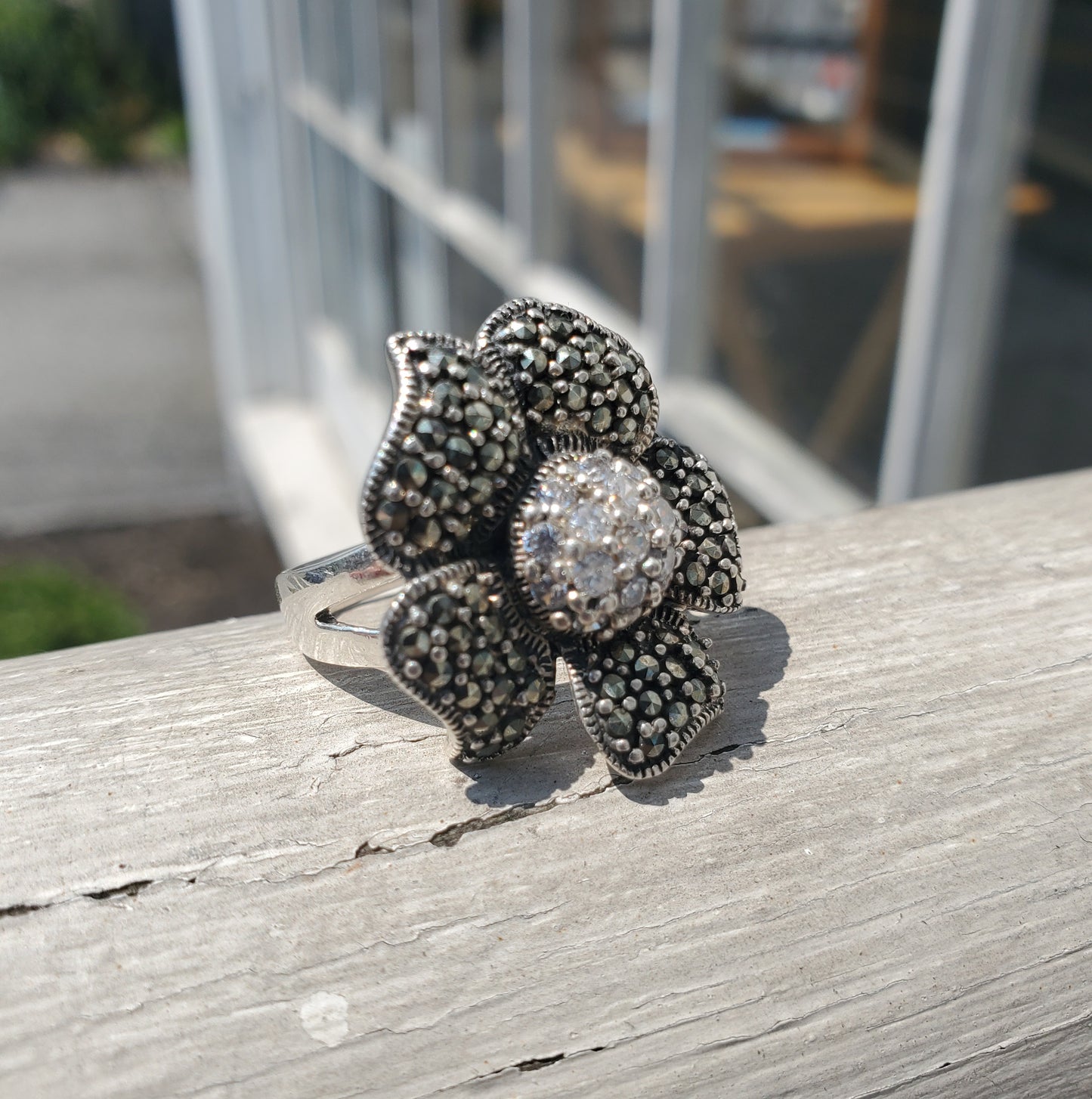 925 Sterling Silver Large Marcasite & Clear Zirconia Flower Ring