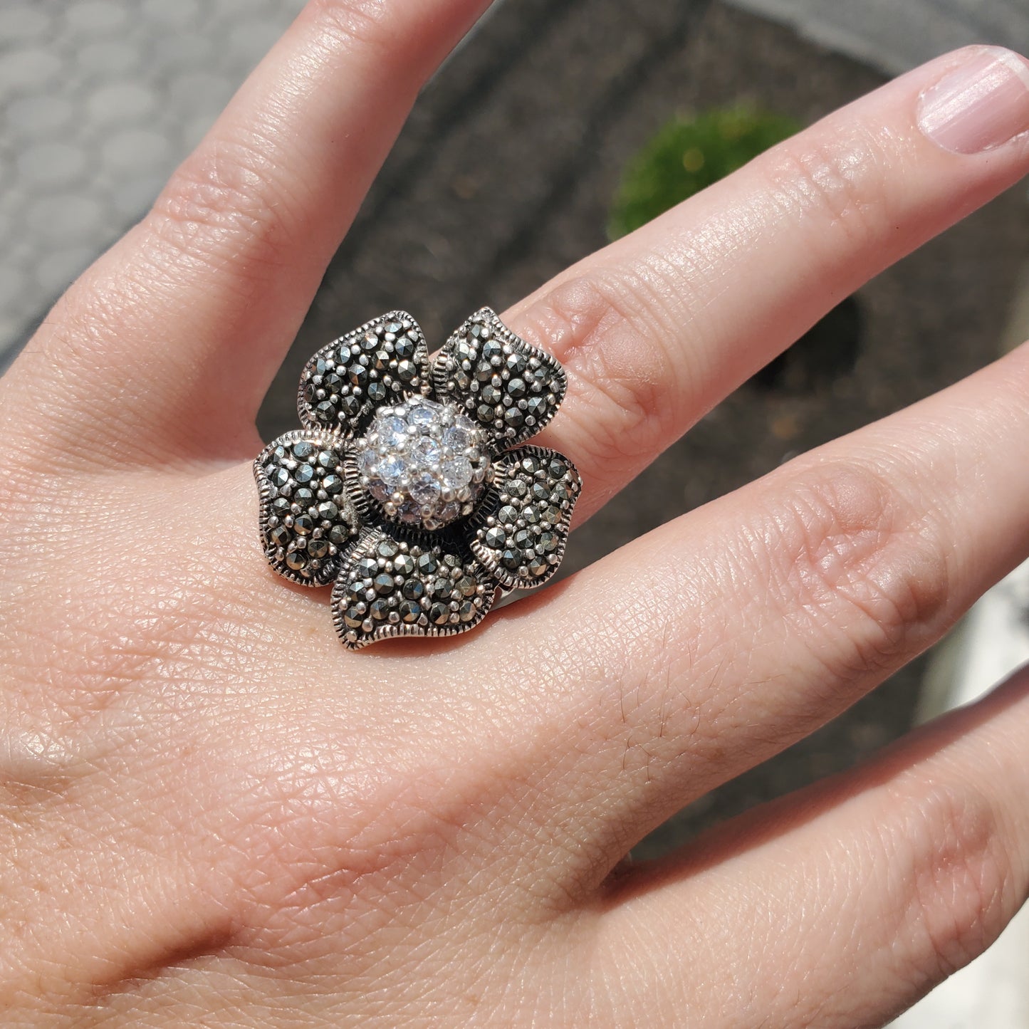 925 Sterling Silver Large Marcasite & Clear Zirconia Flower Ring