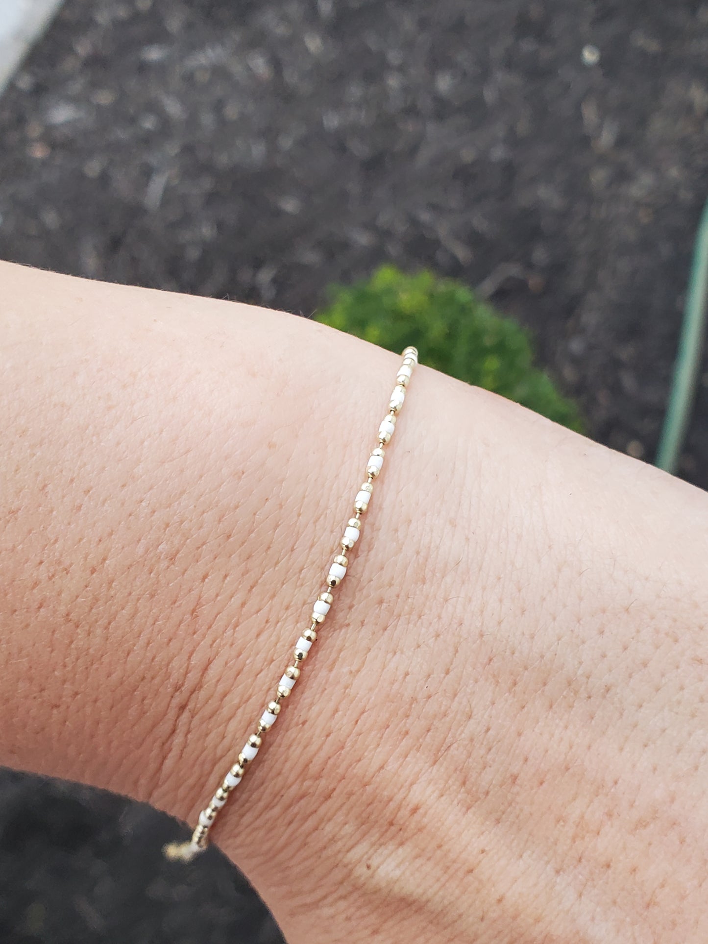 14k Solid Gold Petite White Enamel Beaded Bracelet w/extension