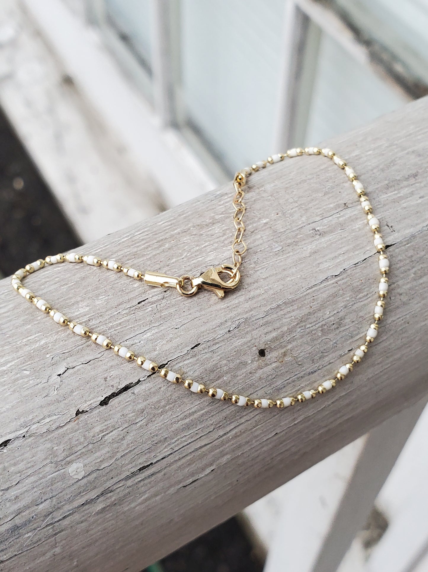 14k Solid Gold Petite White Enamel Beaded Bracelet w/extension