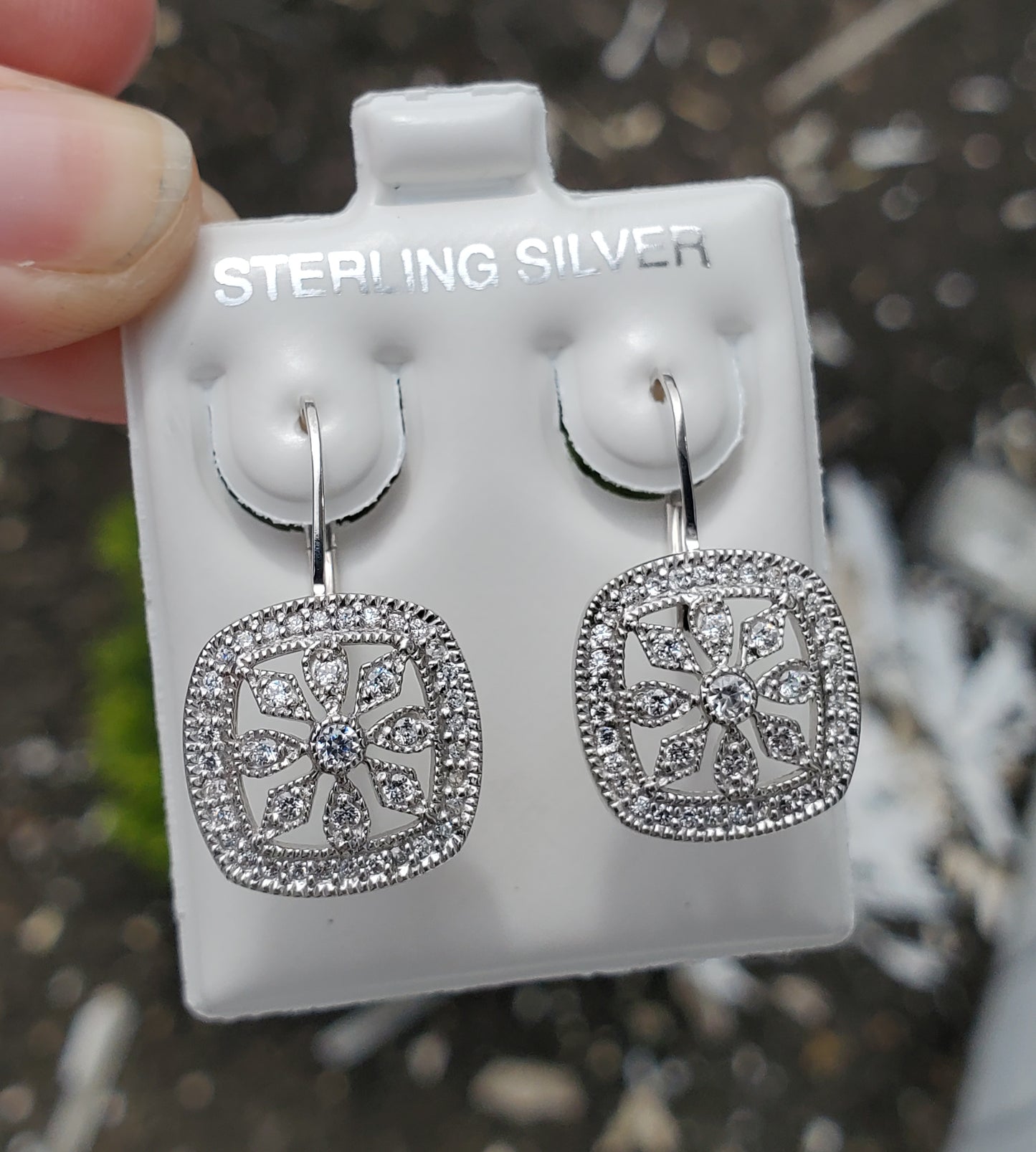 925 Sterling Silver Square Floral Zirconia Leaverback Earrings