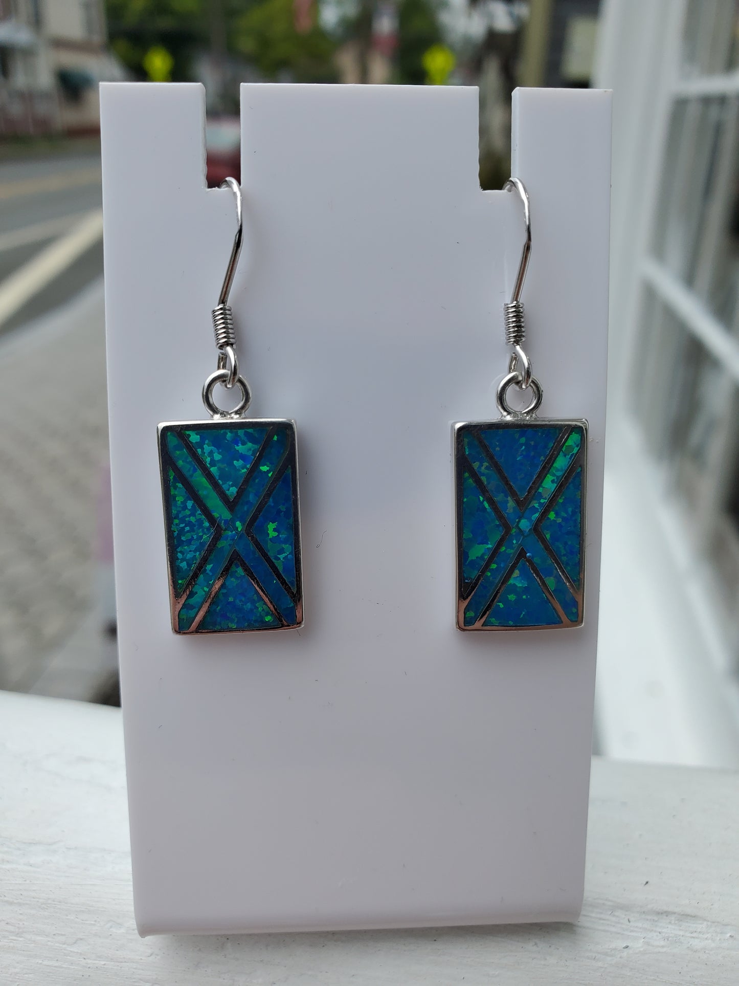 925 Sterling Silver Rectangular Blue Opal Inlay Drop Earrings