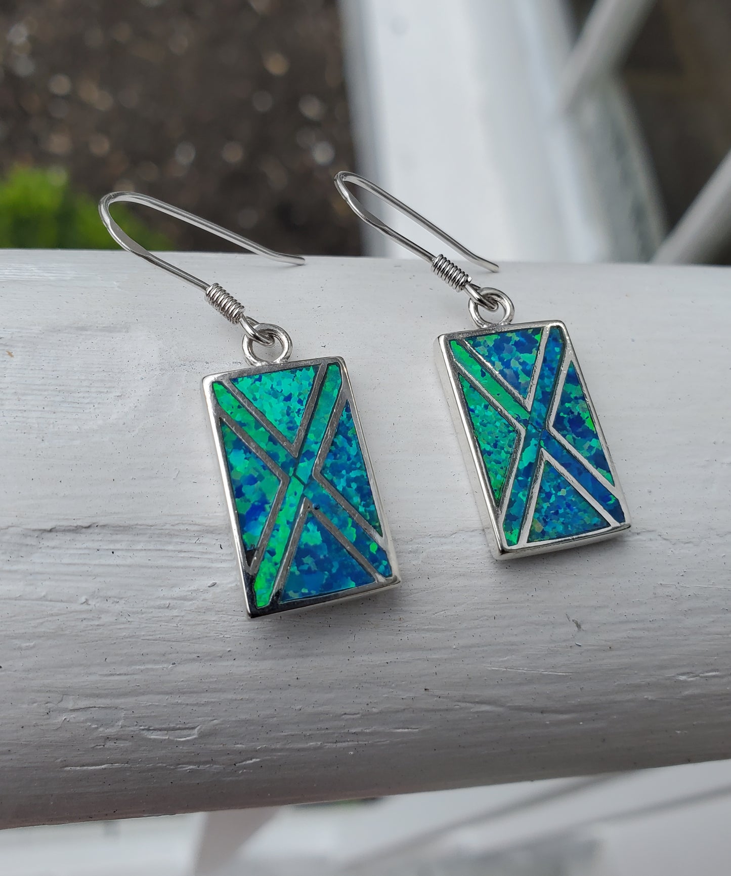 925 Sterling Silver Rectangular Blue Opal Inlay Drop Earrings