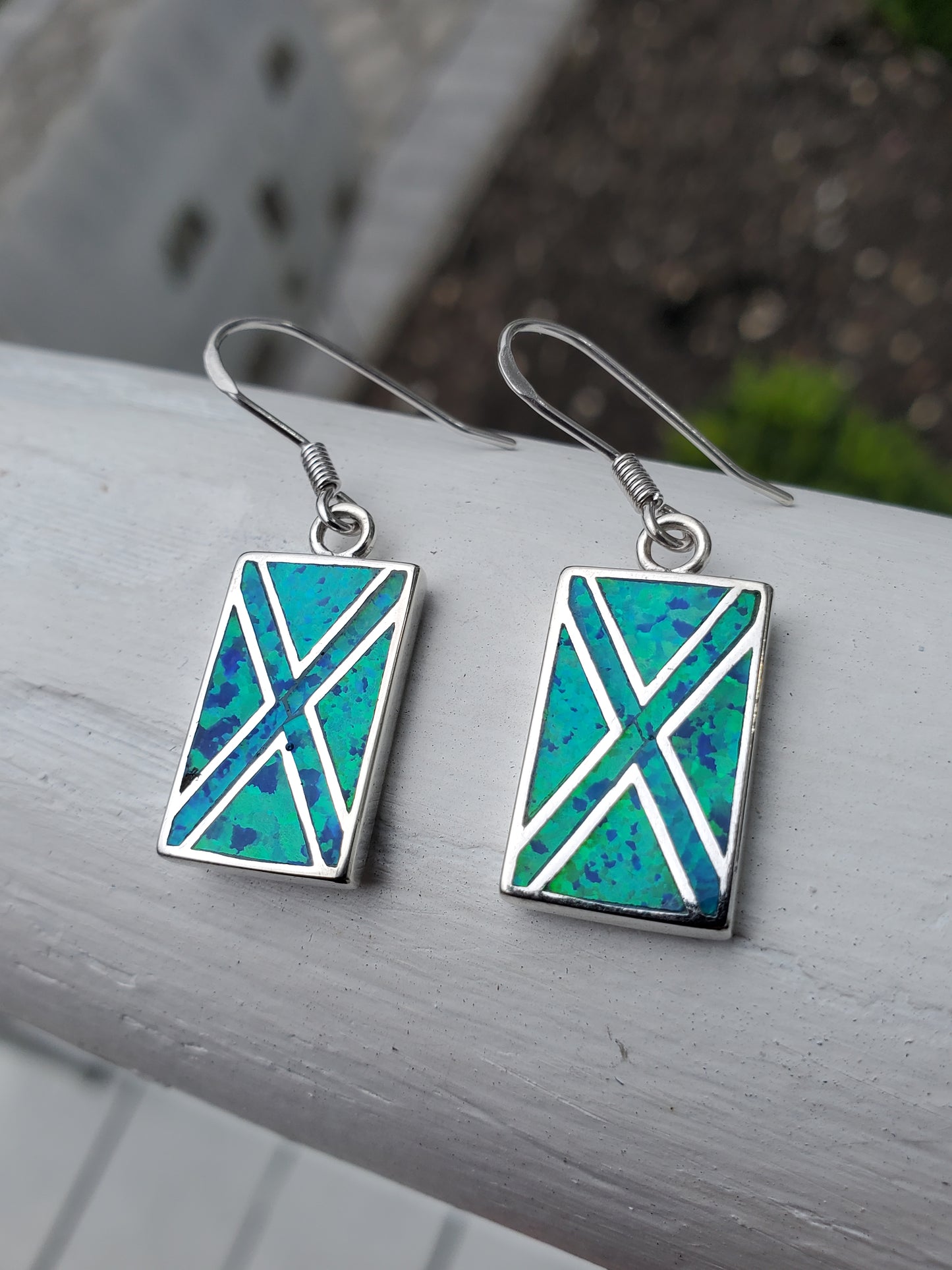 925 Sterling Silver Rectangular Blue Opal Inlay Drop Earrings