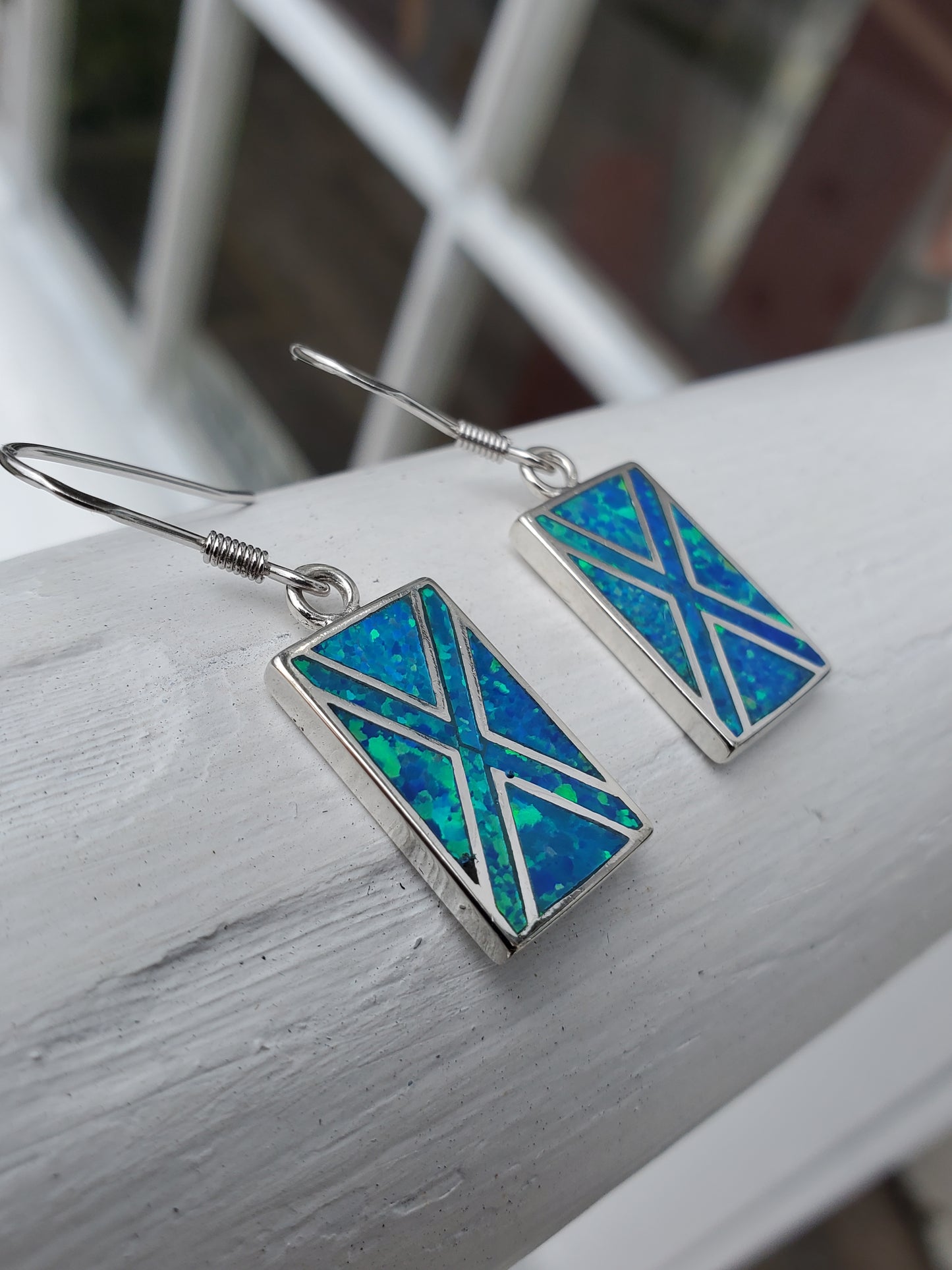 925 Sterling Silver Rectangular Blue Opal Inlay Drop Earrings