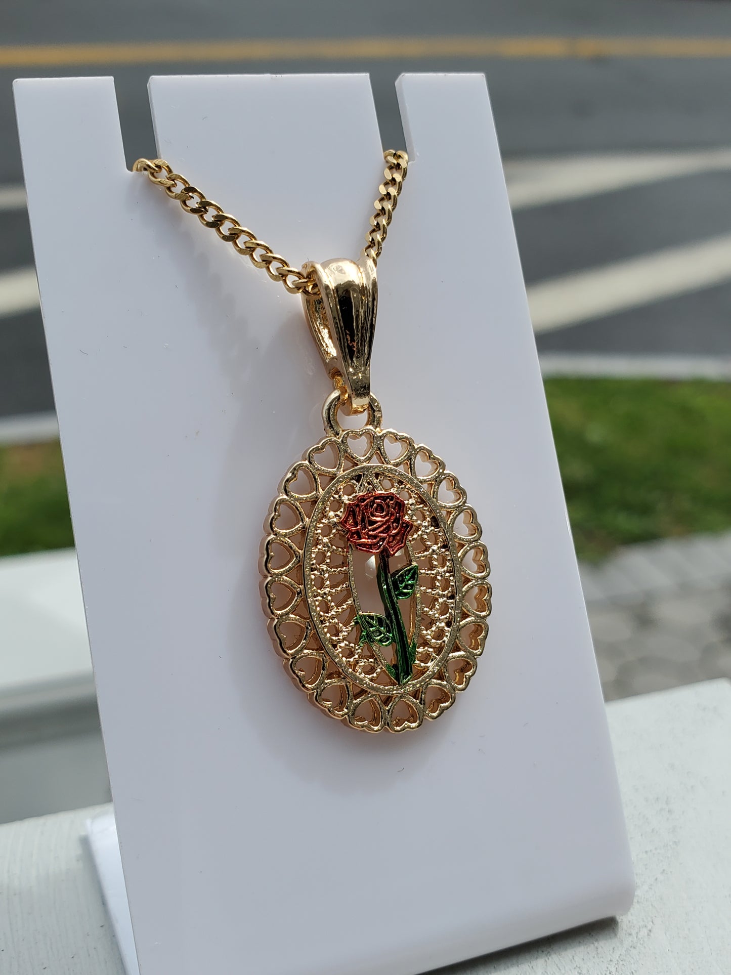 Stainless Steel Gold Plated Enchanted Rose Oval Heart Necklace