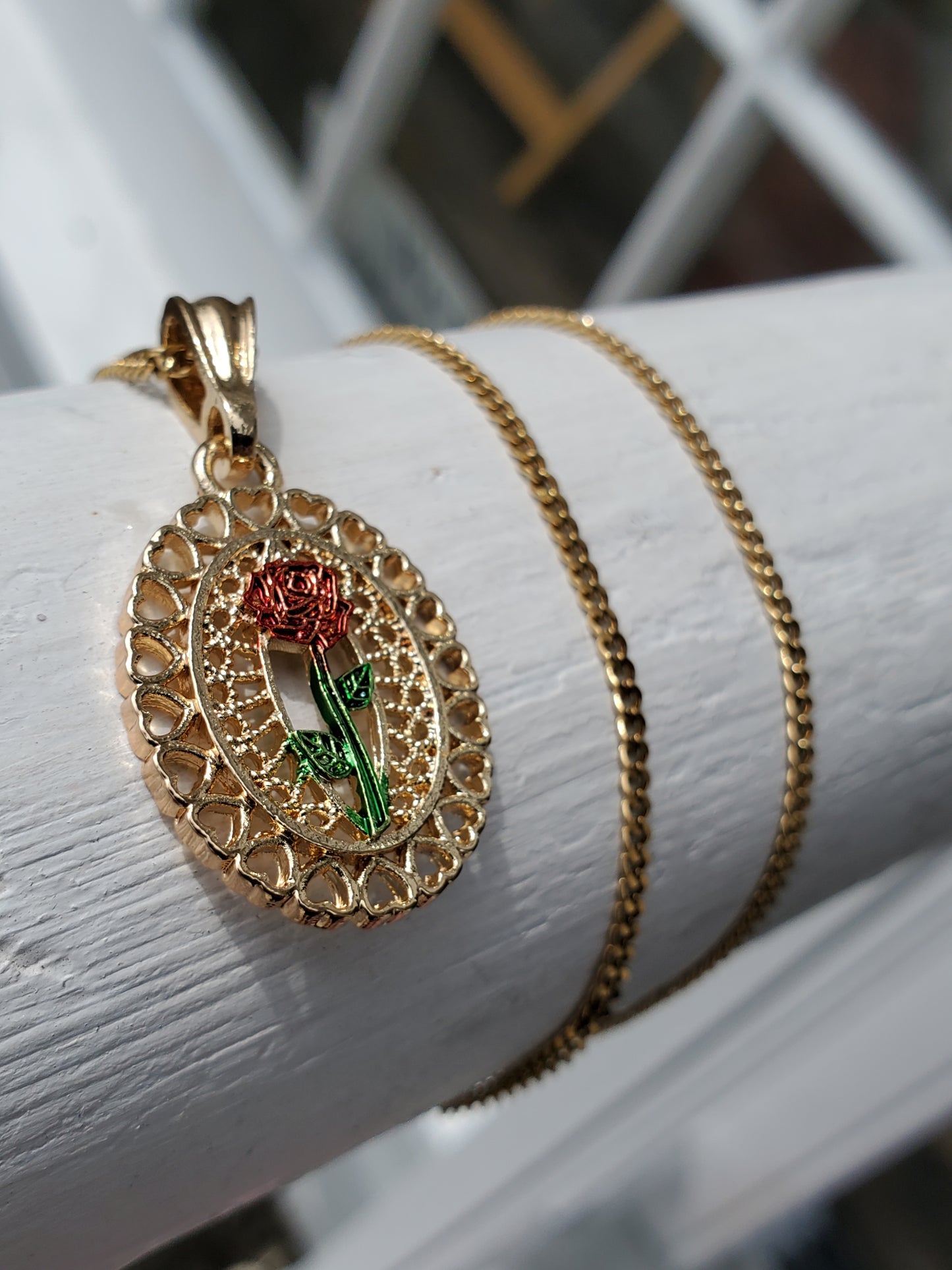 Stainless Steel Gold Plated Enchanted Rose Oval Heart Necklace