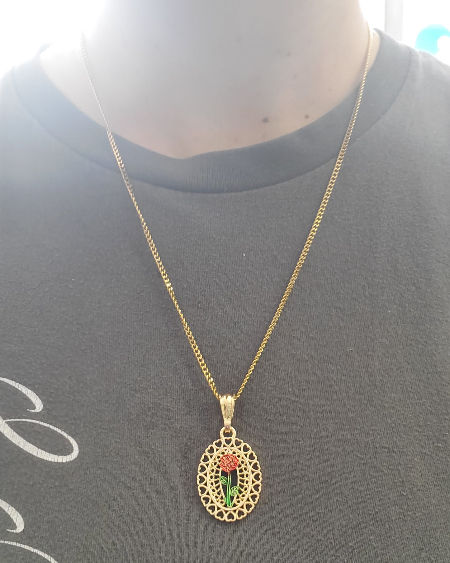 Stainless Steel Gold Plated Enchanted Rose Oval Heart Necklace