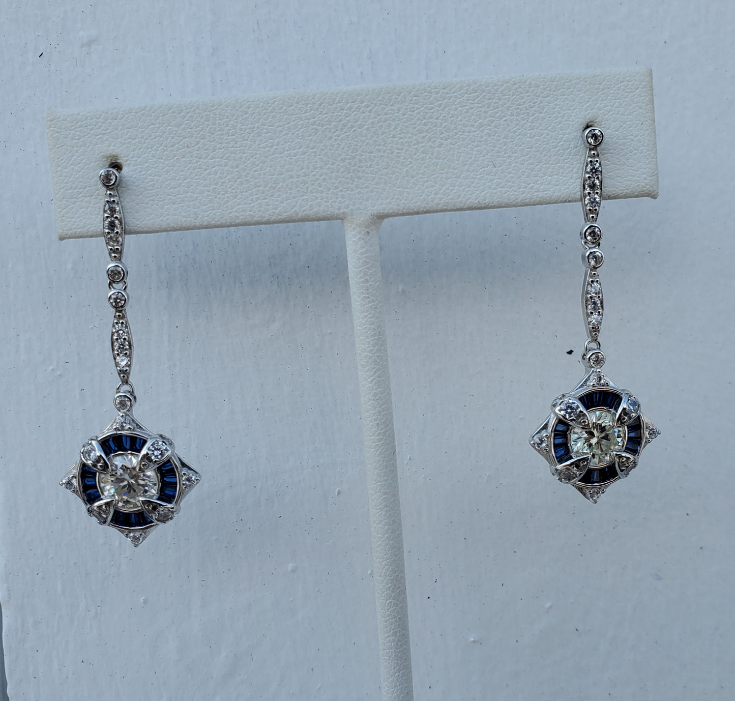 925 Sterling Silver Moissante & Lab Sapphire Chandelier Drop Earrings