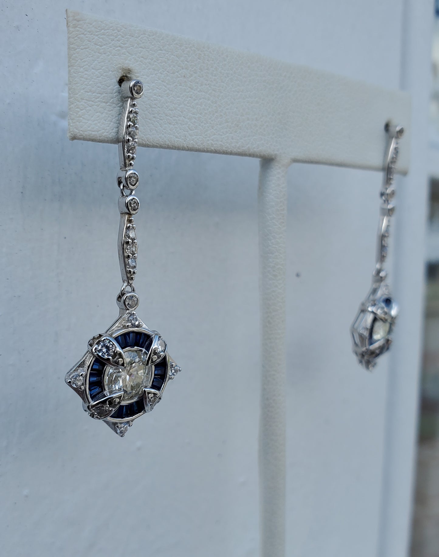 925 Sterling Silver Moissante & Lab Sapphire Chandelier Drop Earrings