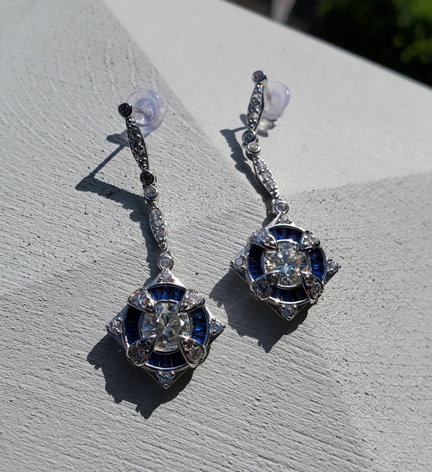 925 Sterling Silver Moissante & Lab Sapphire Chandelier Drop Earrings