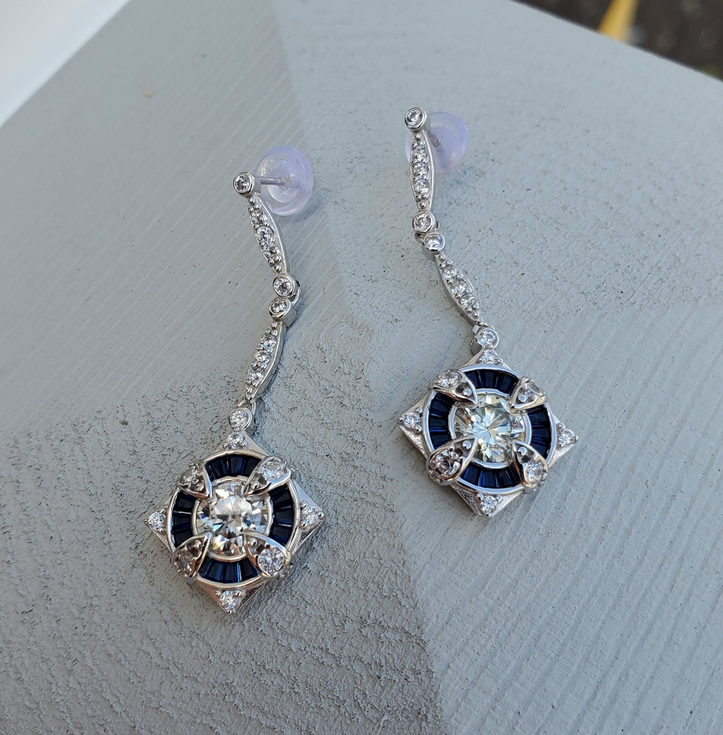 925 Sterling Silver Moissante & Lab Sapphire Chandelier Drop Earrings