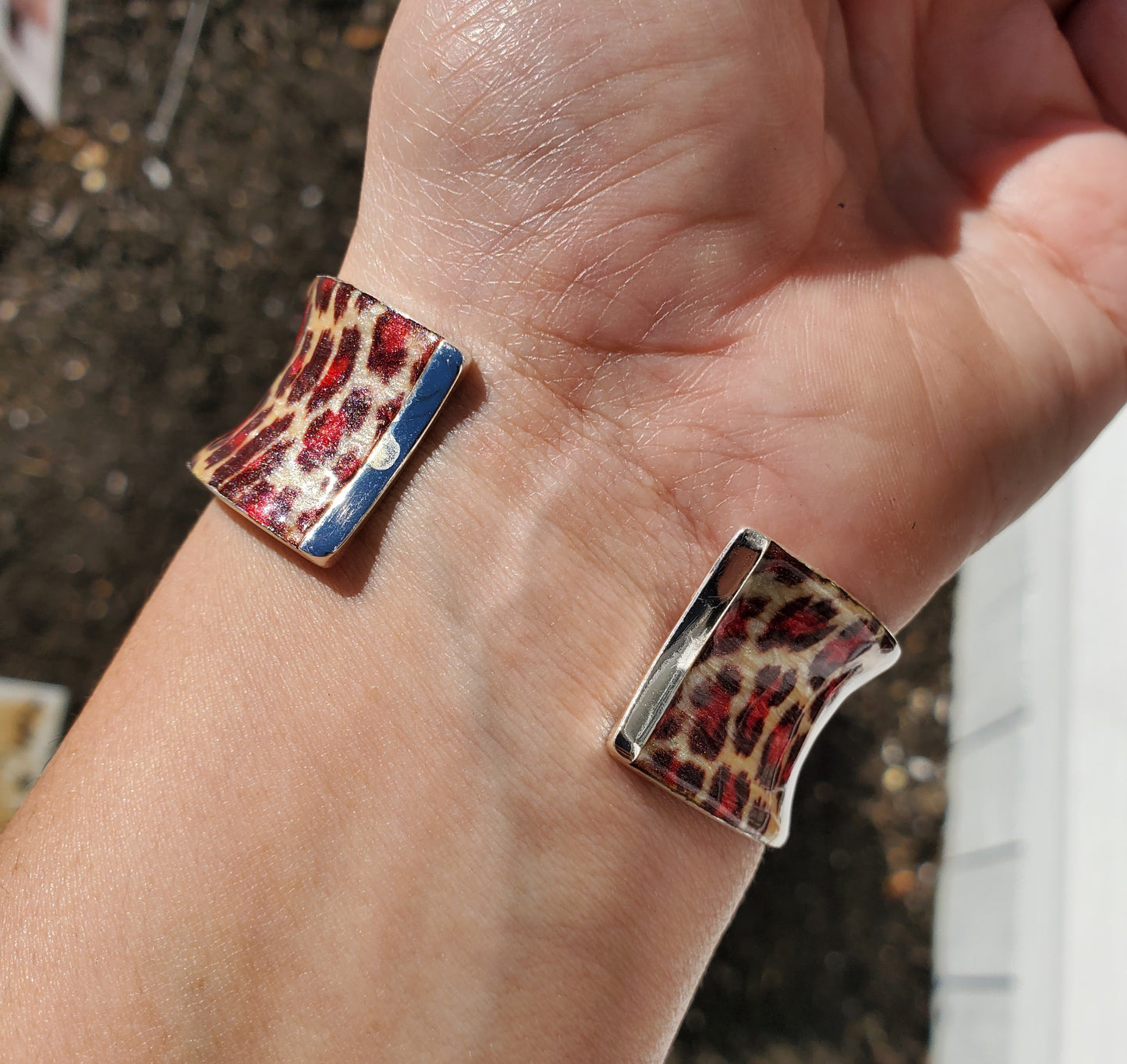 925 Sterling Silver Leopard 🐆 Animal Print Wide Enamel Cuff Bangle Bracelet