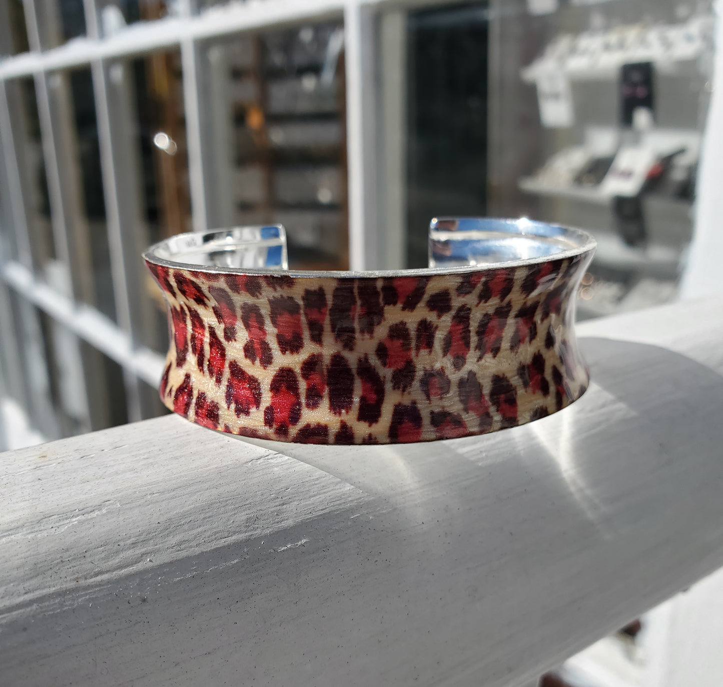 925 Sterling Silver Leopard 🐆 Animal Print Wide Enamel Cuff Bangle Bracelet
