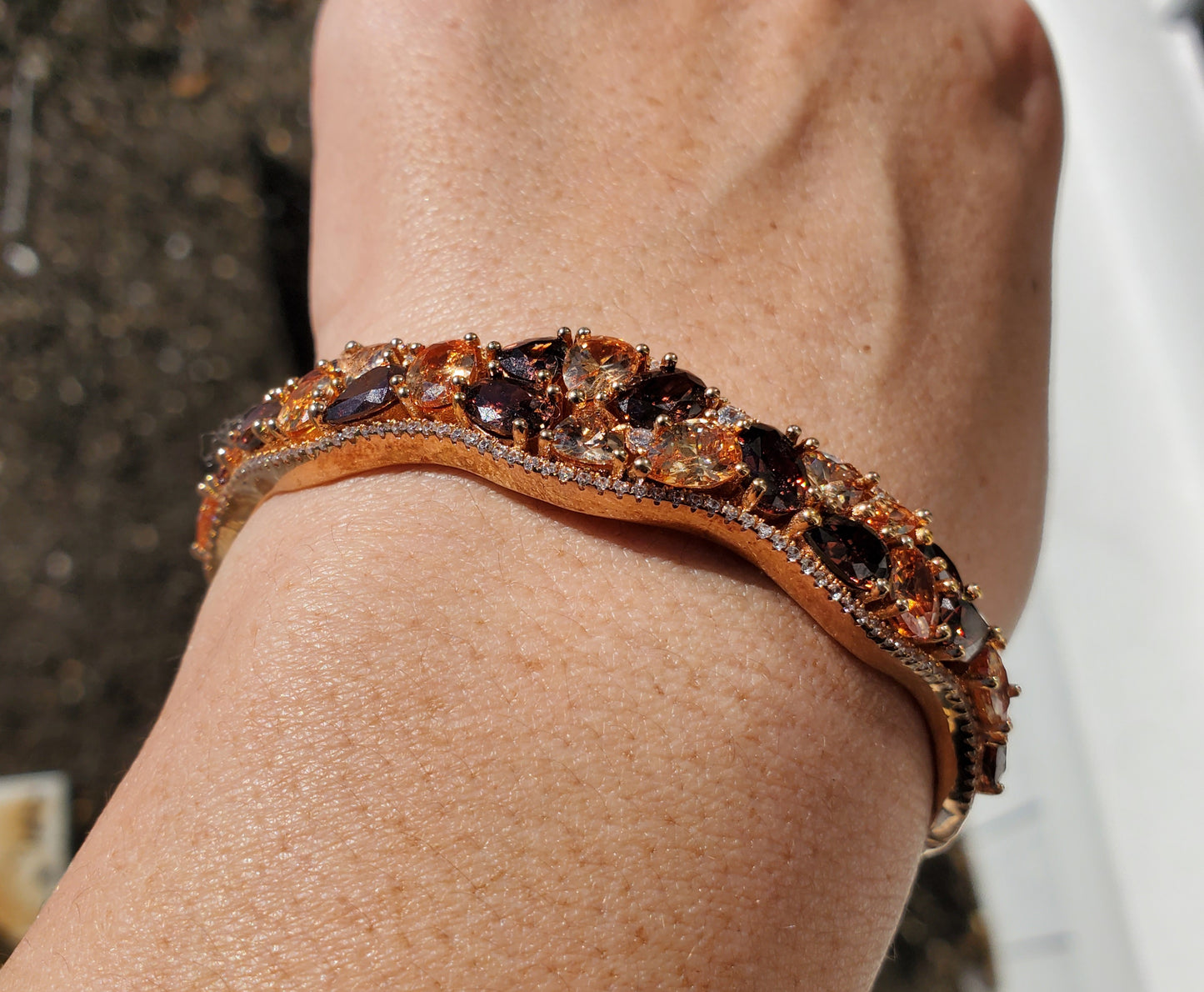 925 Sterling Silver Rose Vermeil Fall Foliage Multi-stone Wavy cluster Bangle Bracelet