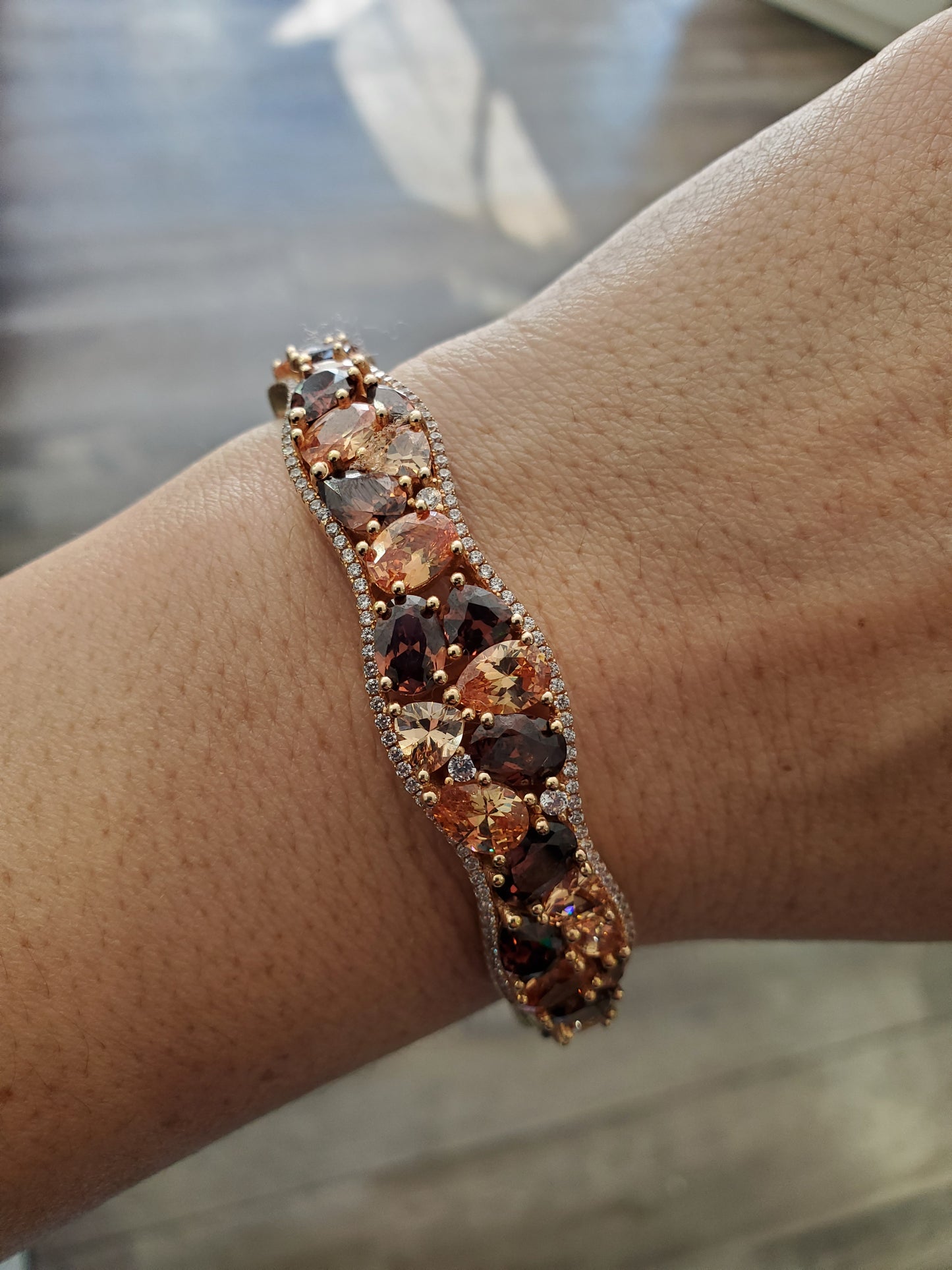925 Sterling Silver Rose Vermeil Fall Foliage Multi-stone Wavy cluster Bangle Bracelet