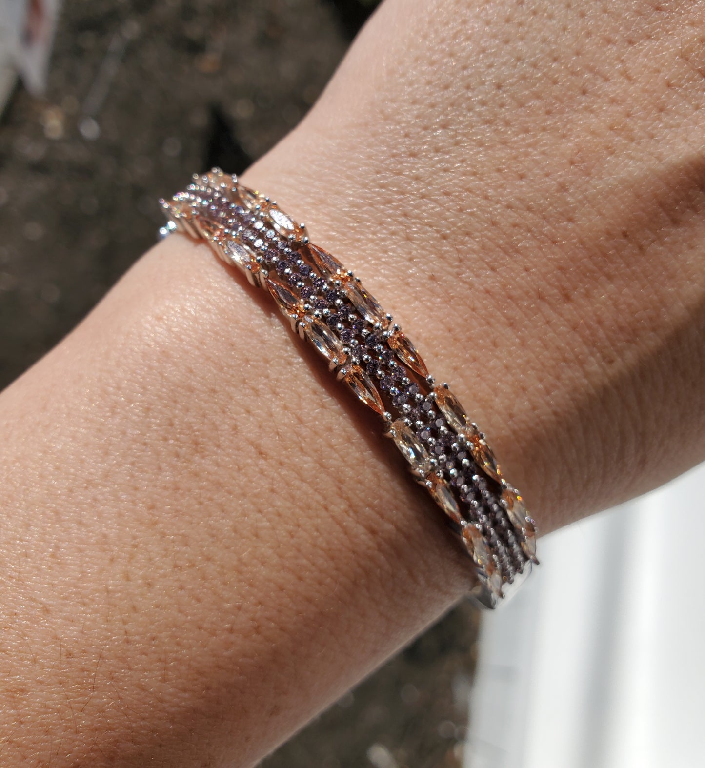 925 Sterling Silver Champagne & Pink Zirconia Sparkling Bangle Bracelet