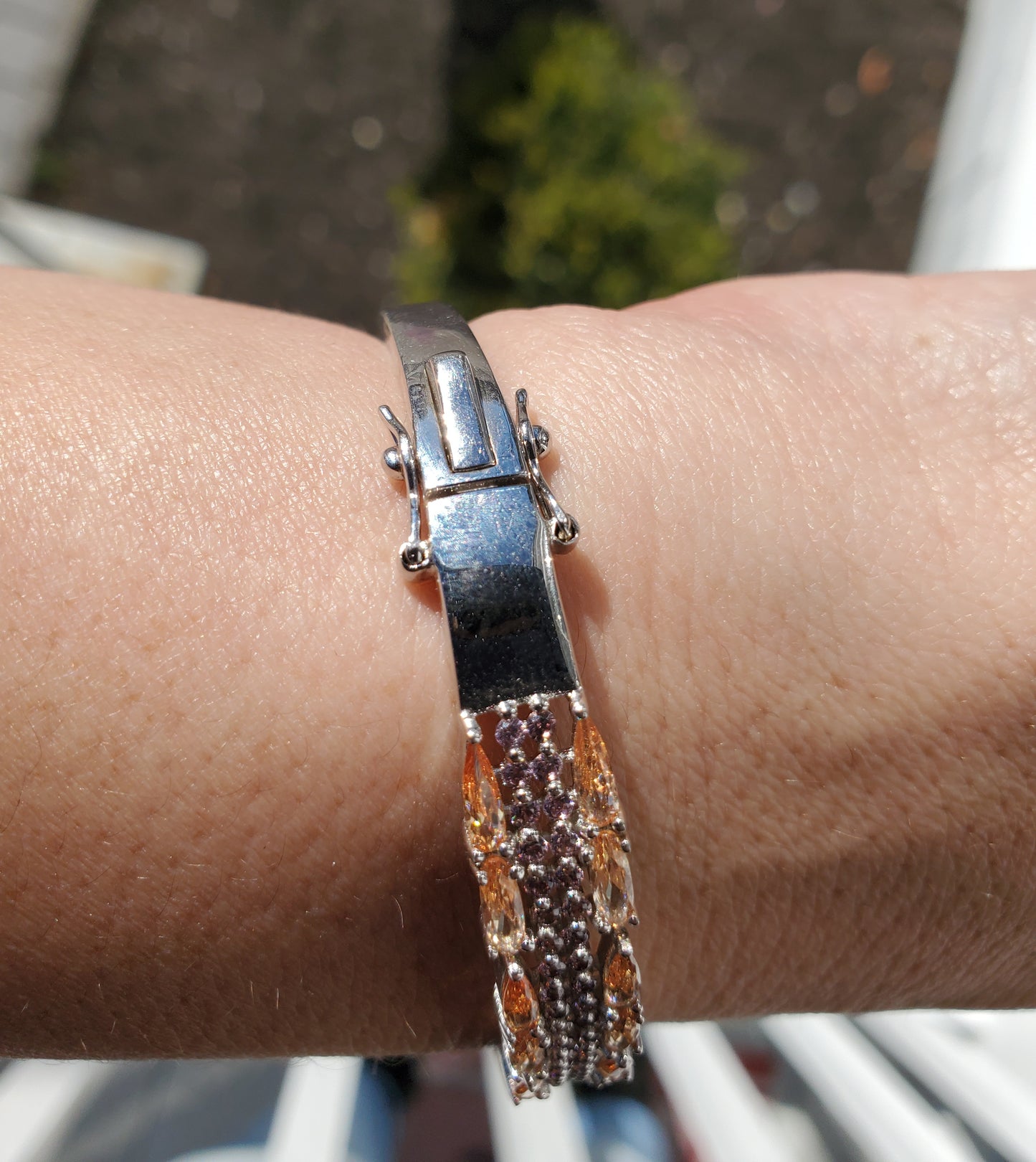 925 Sterling Silver Champagne & Pink Zirconia Sparkling Bangle Bracelet
