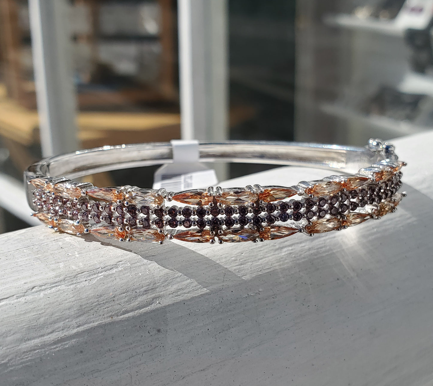 925 Sterling Silver Champagne & Pink Zirconia Sparkling Bangle Bracelet