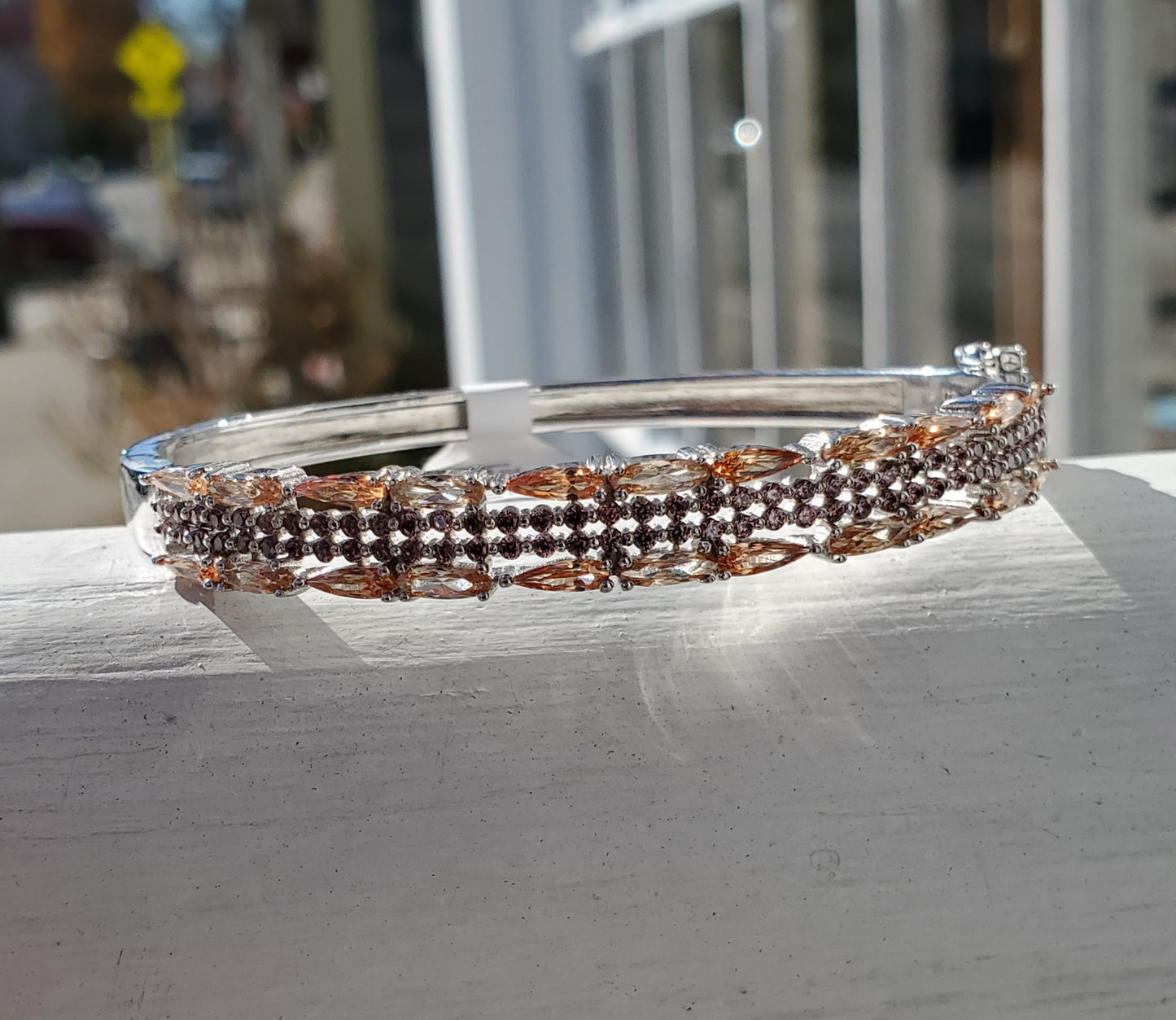 925 Sterling Silver Champagne & Pink Zirconia Sparkling Bangle Bracelet