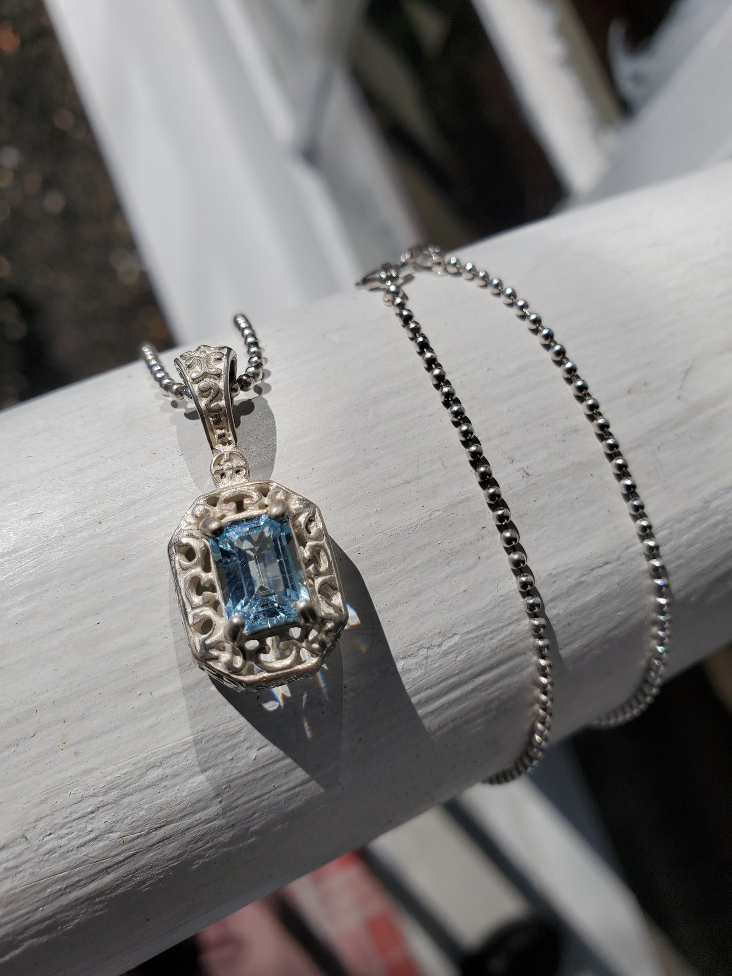 925 Sterling Silver 1.00 ct Emerald Cut Sky Blue Topaz Filagre pendant