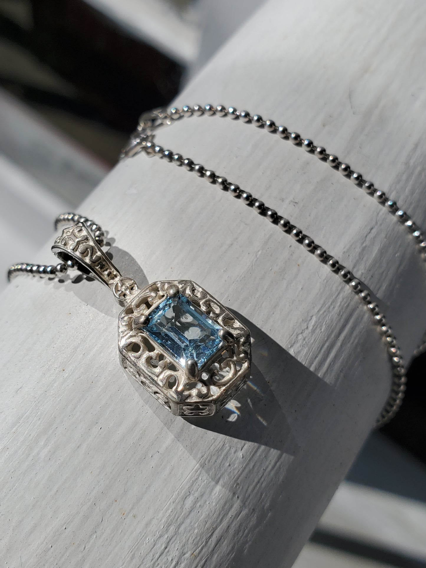 925 Sterling Silver 1.00 ct Emerald Cut Sky Blue Topaz Filagre pendant