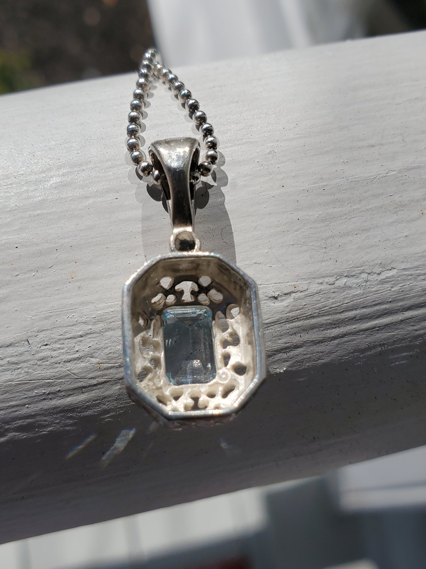 925 Sterling Silver 1.00 ct Emerald Cut Sky Blue Topaz Filagre pendant