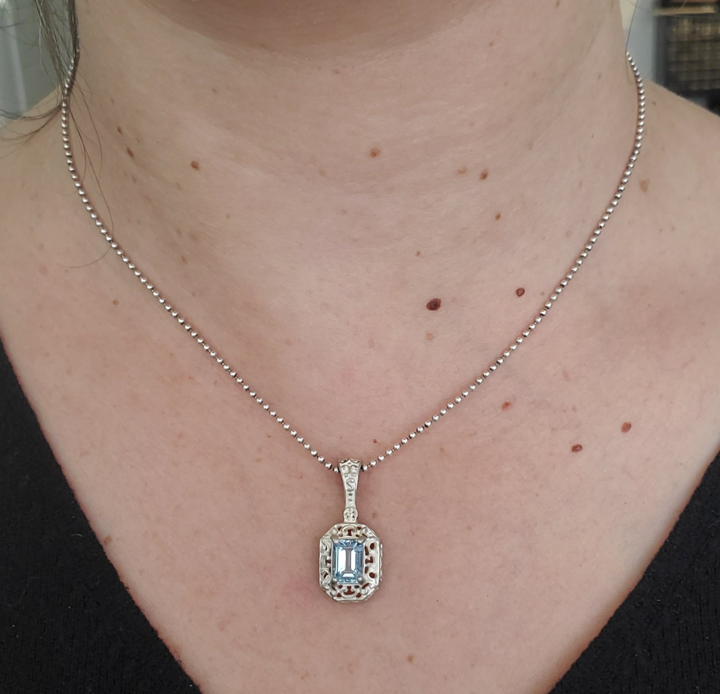 925 Sterling Silver 1.00 ct Emerald Cut Sky Blue Topaz Filagre pendant