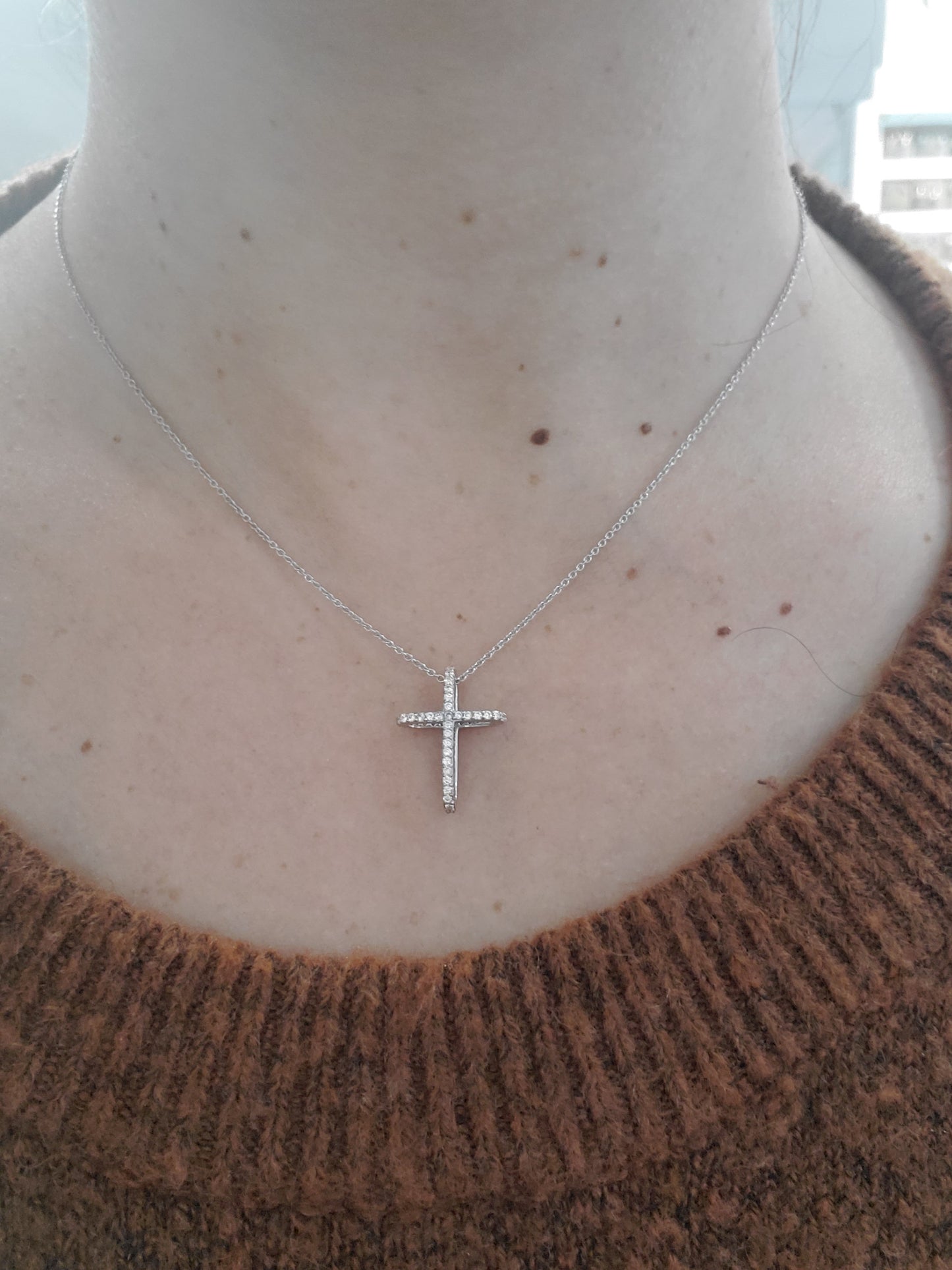 925 Sterling Silver Paperclip Cross Zirconia Necklace