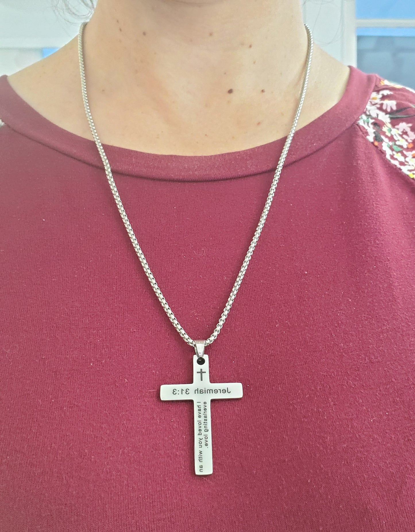 Stainless Steel Jeremiah 31:3 Scripture Bible Cross Pendant Necklace