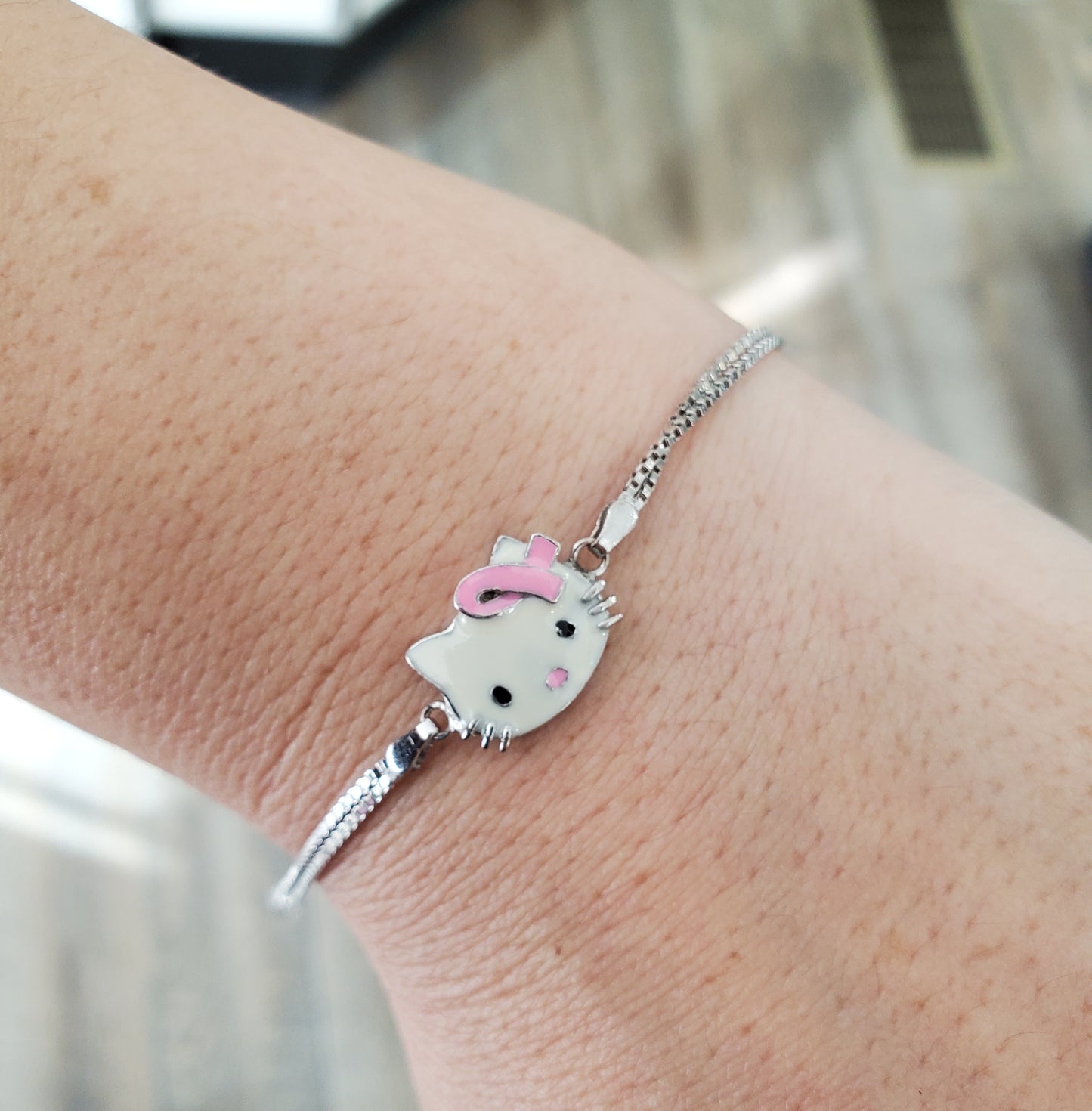 925 Sterling Silver Hello Kitty Pink Ribbon Breast Cancer Awareness Bracelet