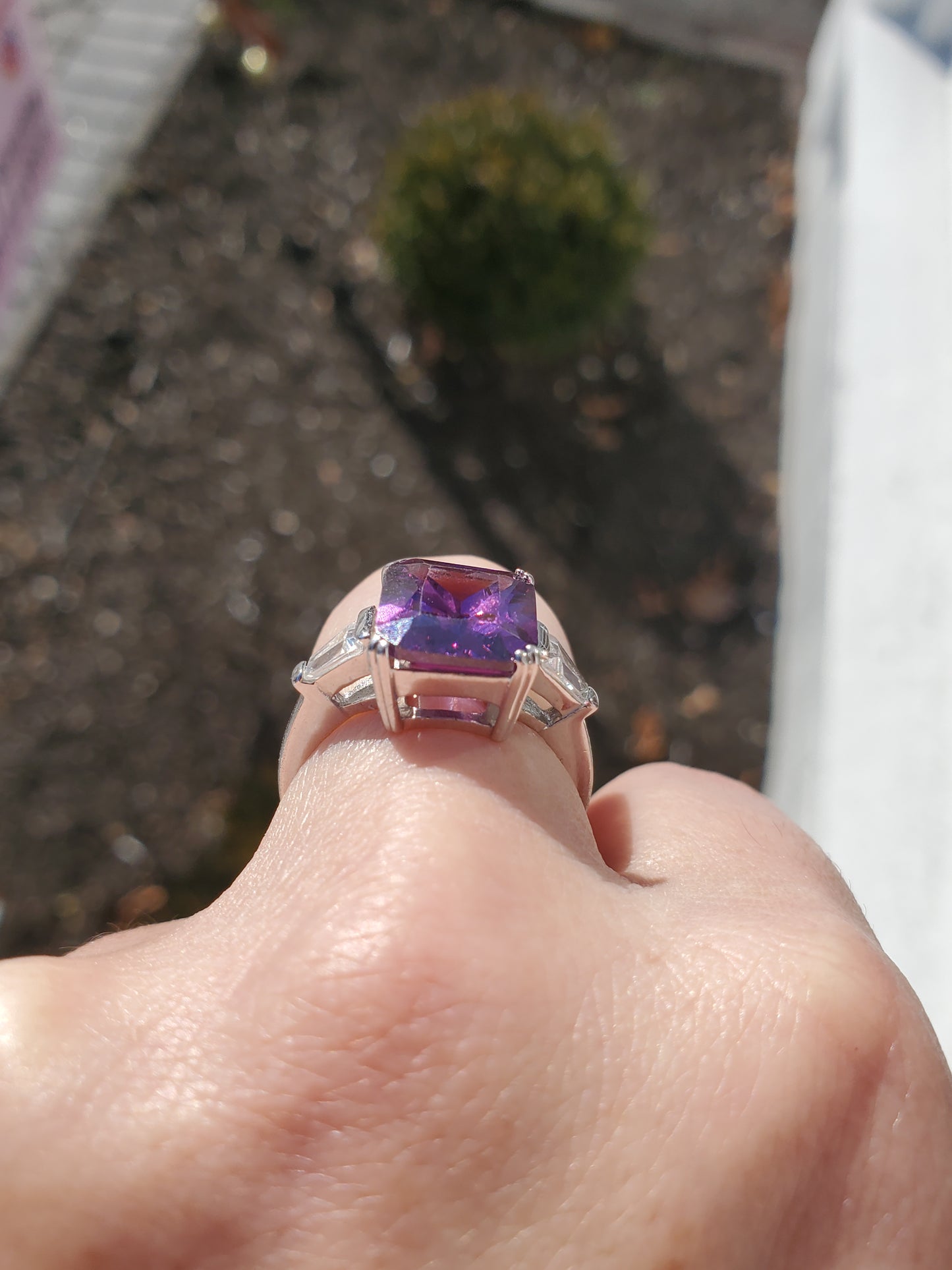 925 Sterling Silver Simulated Amethest Emerald Cut Cocktail ring w/ baguette zirconia