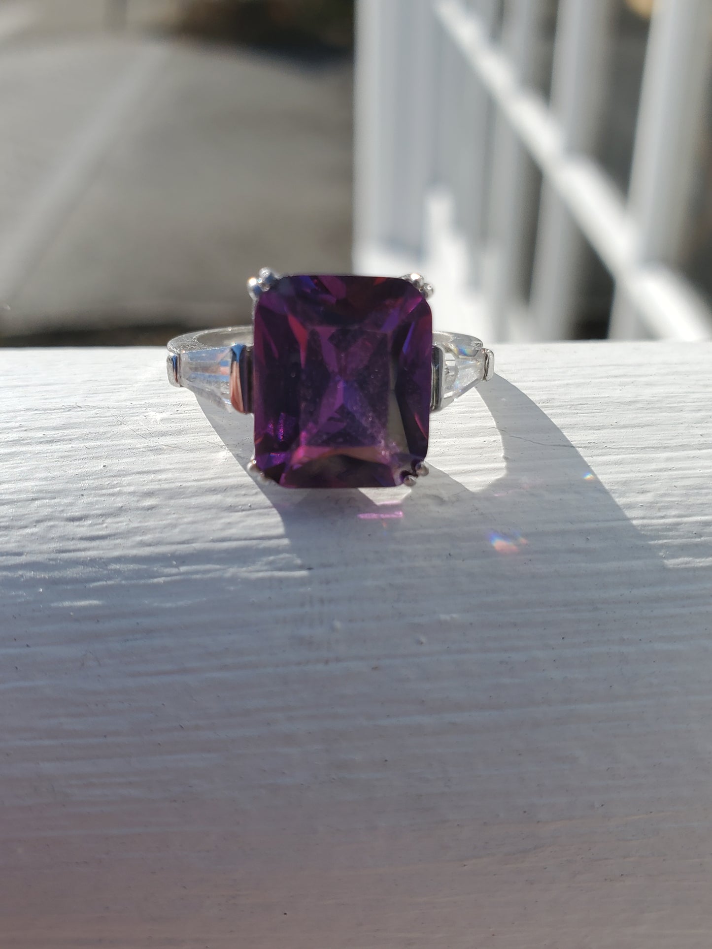 925 Sterling Silver Simulated Amethest Emerald Cut Cocktail ring w/ baguette zirconia