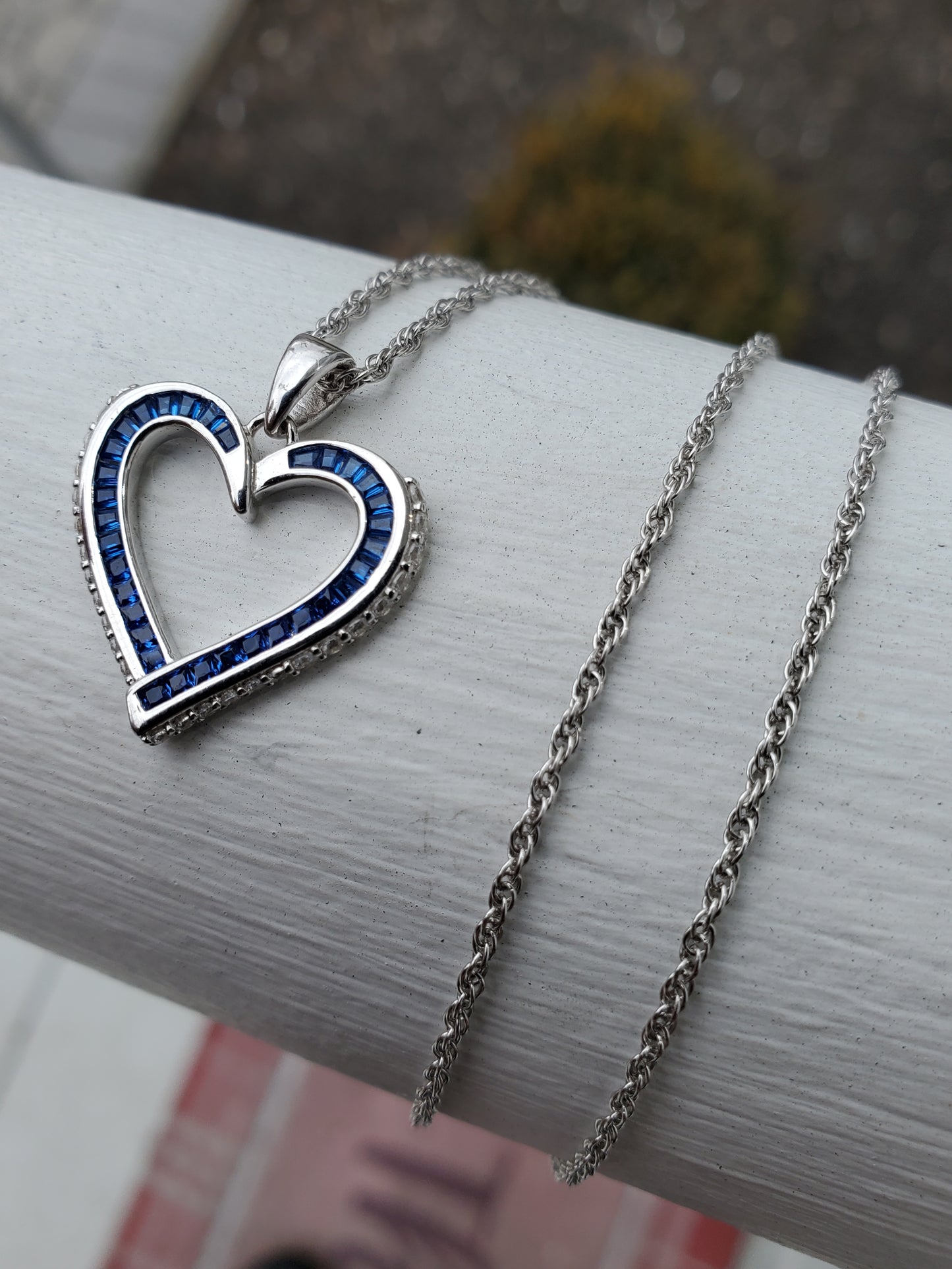 925 Sterling Silver Simulated Sapphire Heart ❤️ Necklace w/18" Rolo link Chain