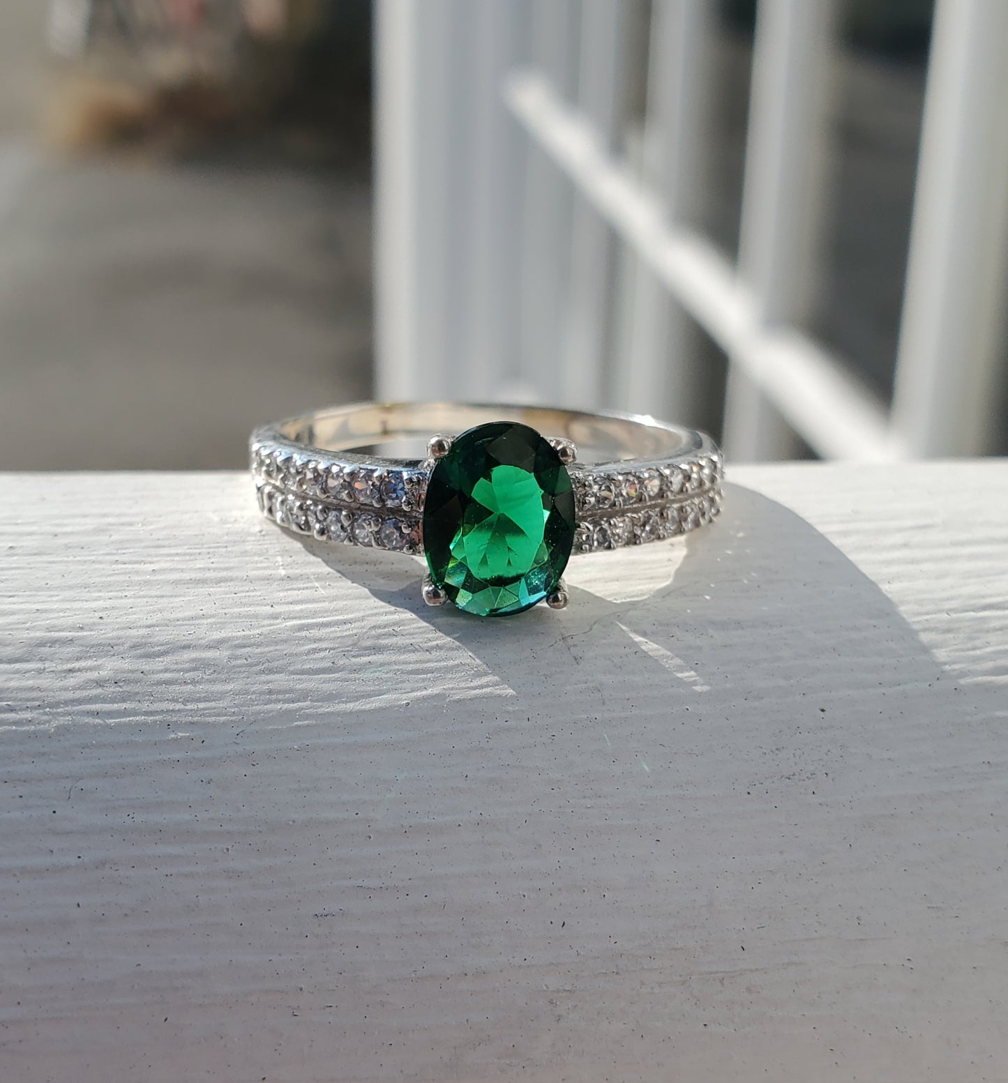 925 Sterling Silver Simulated Oval Emerald & Zirconia Ring