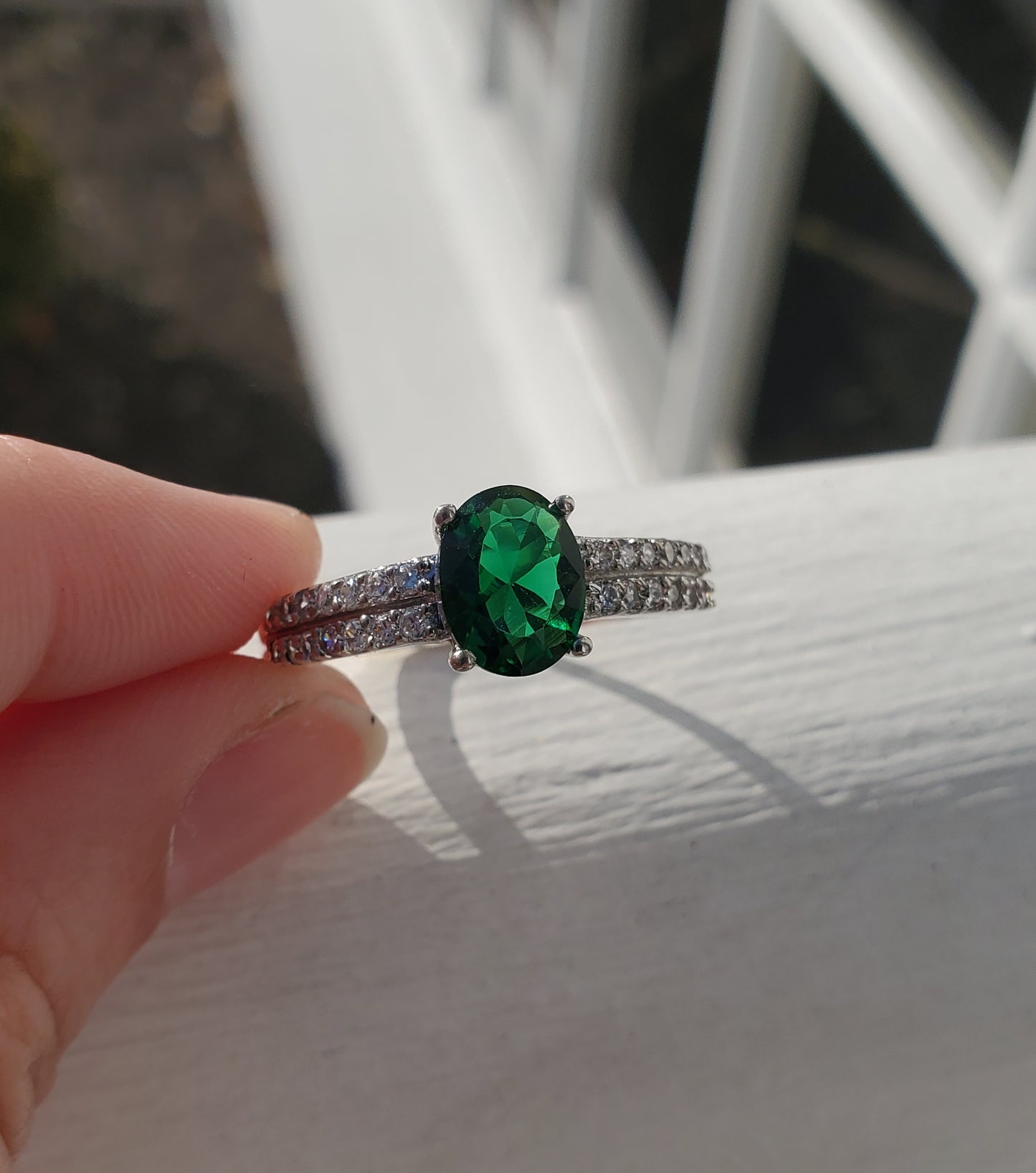 925 Sterling Silver Simulated Oval Emerald & Zirconia Ring