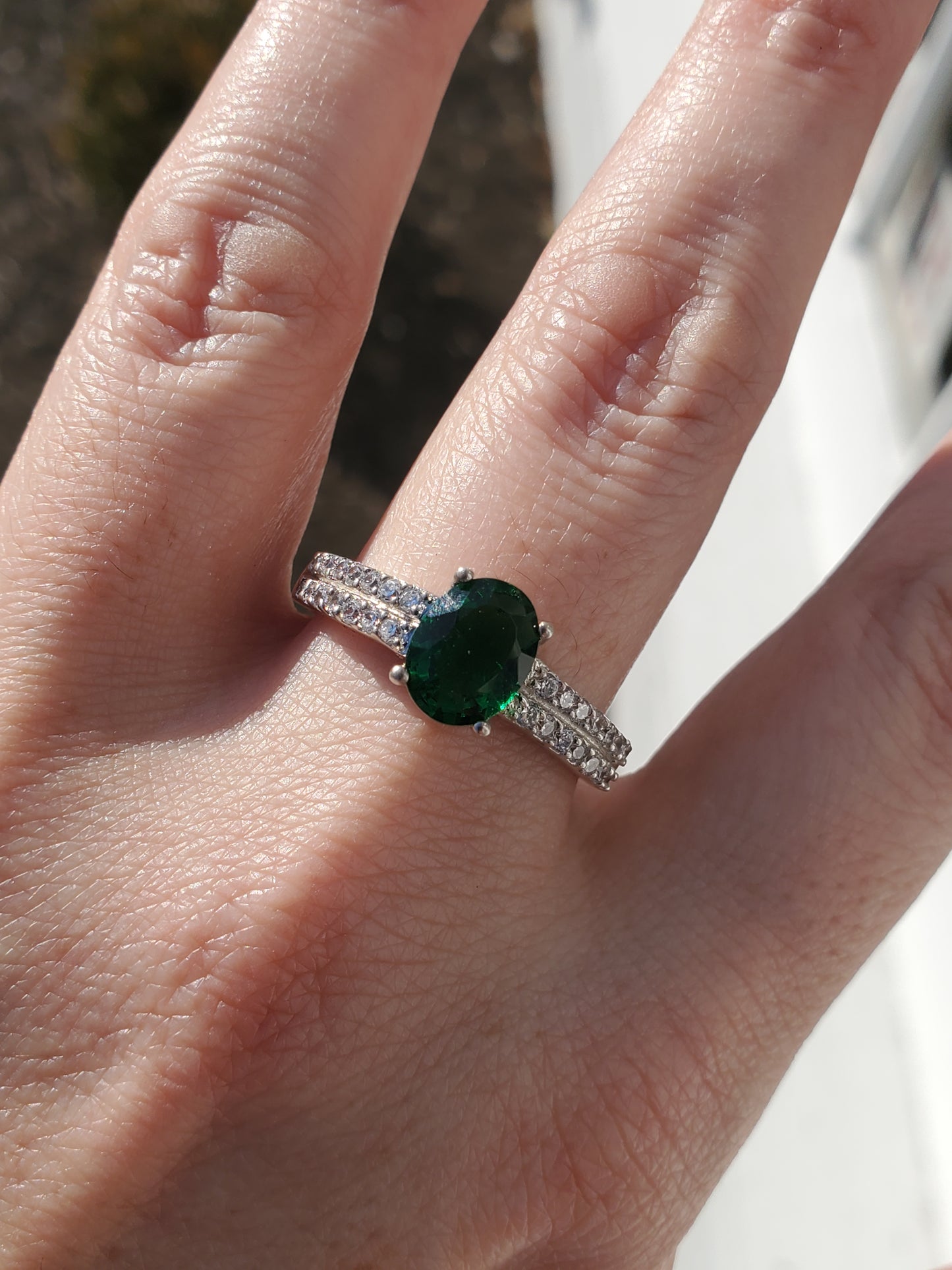 925 Sterling Silver Simulated Oval Emerald & Zirconia Ring