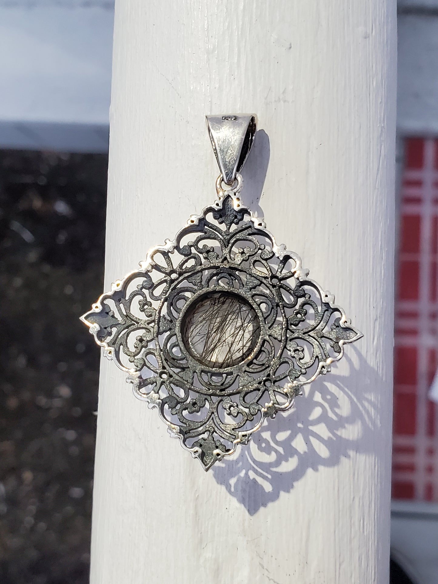 925 Sterling Silver Rutilite Quartz Openwork Rhombus Shaped Pendant