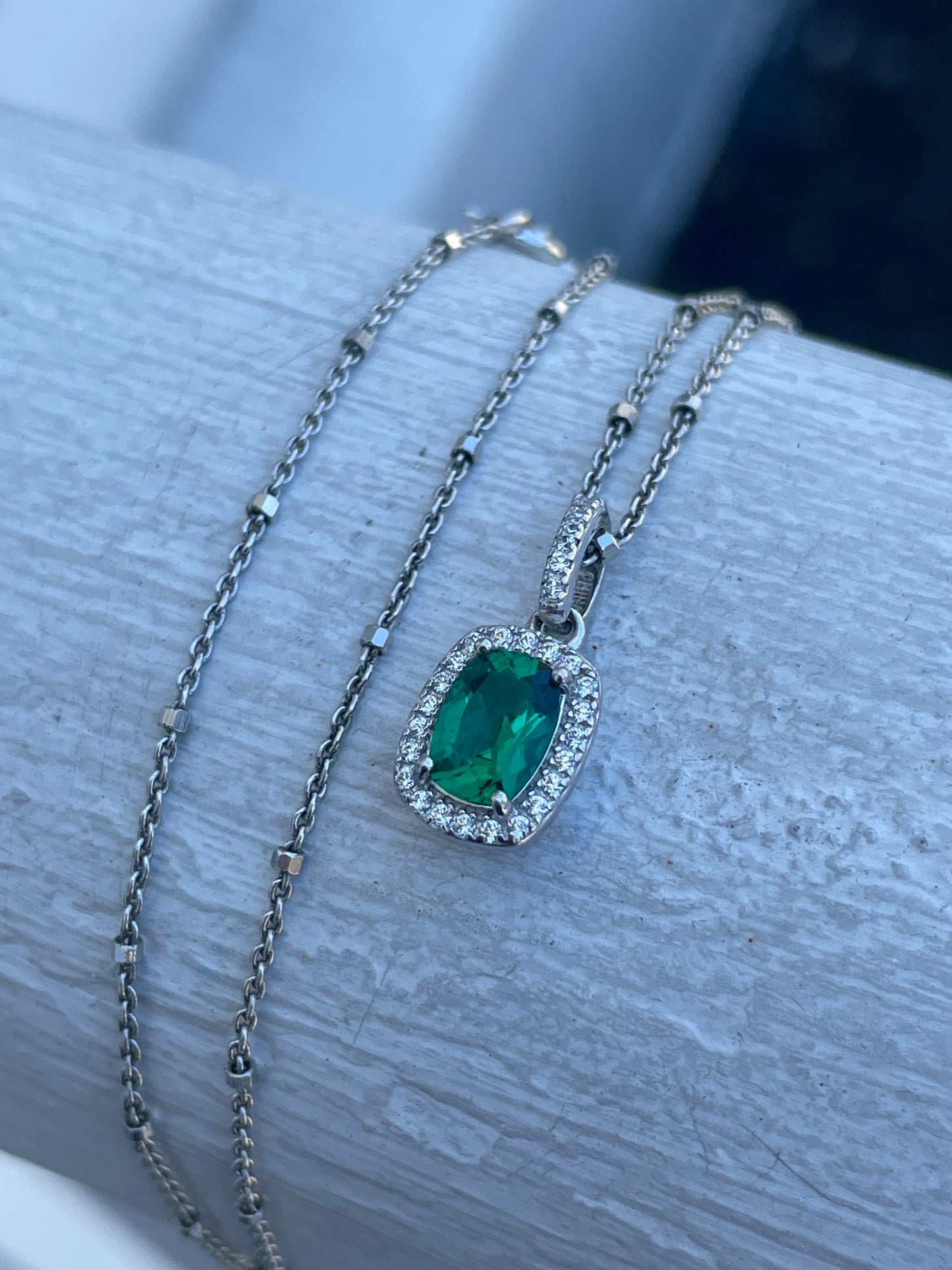 925 Sterling Silver Petite Simulated Emerald & Cz 18” Necklace