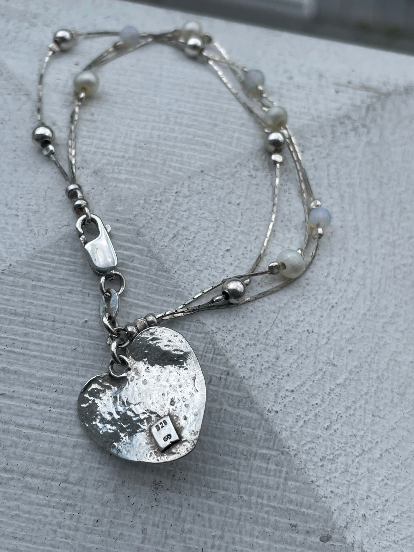 925 Sterling Silver Triple Strand Opalite & Pearl Heart Bracelet 7”