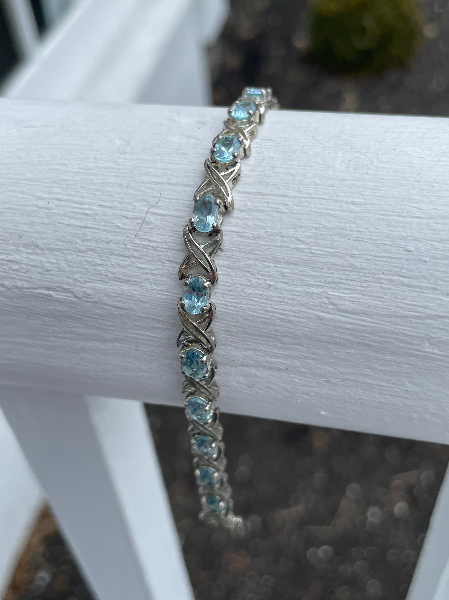925 Sterling Silver Aquamarine Hugs & Kisses Tennis Bracelet 7”